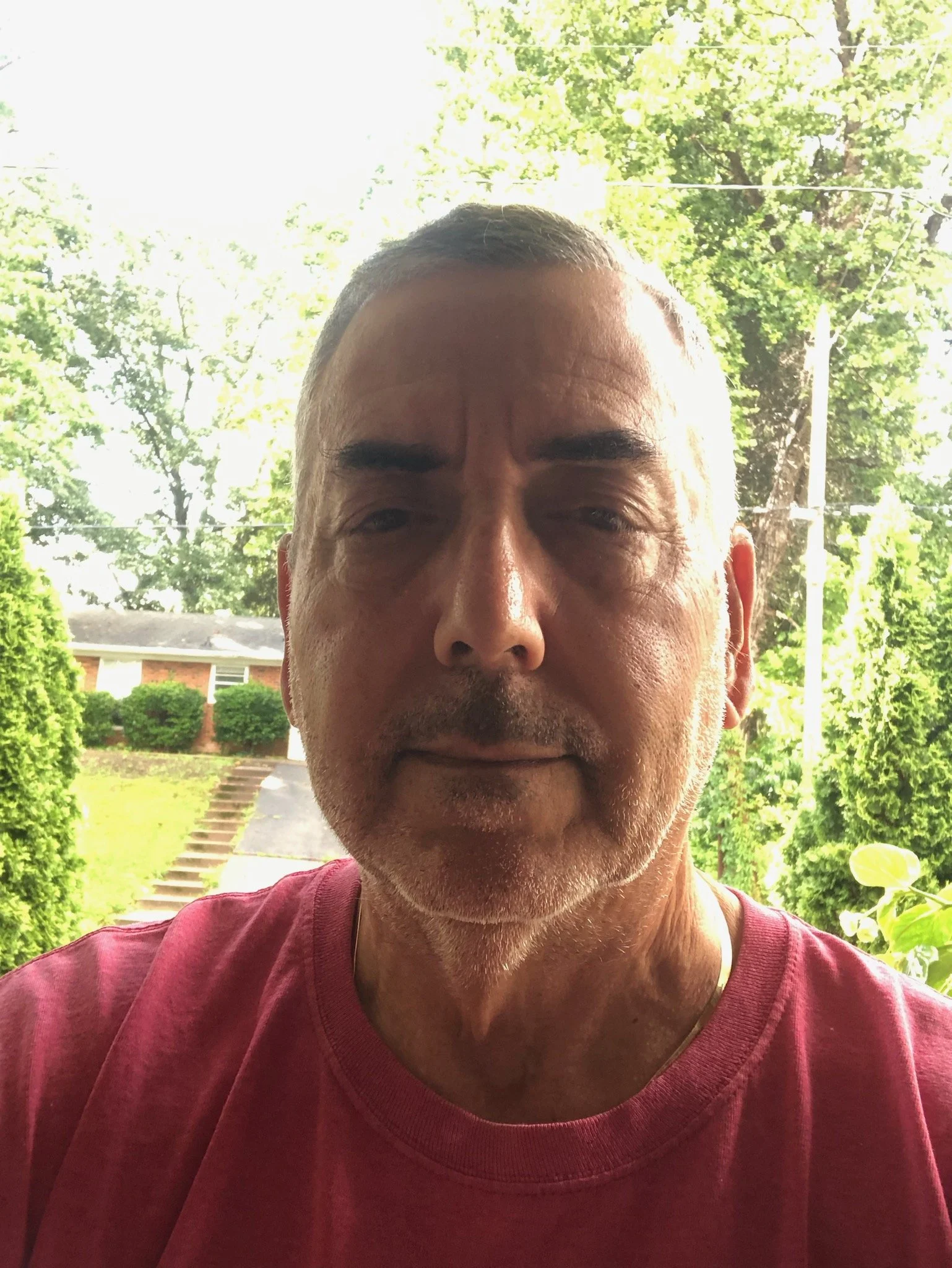 Close-up of a middle-aged man with short gray hair, standing outdoors in front of a lush green background with trees, bushes, and a pathway with stairs.