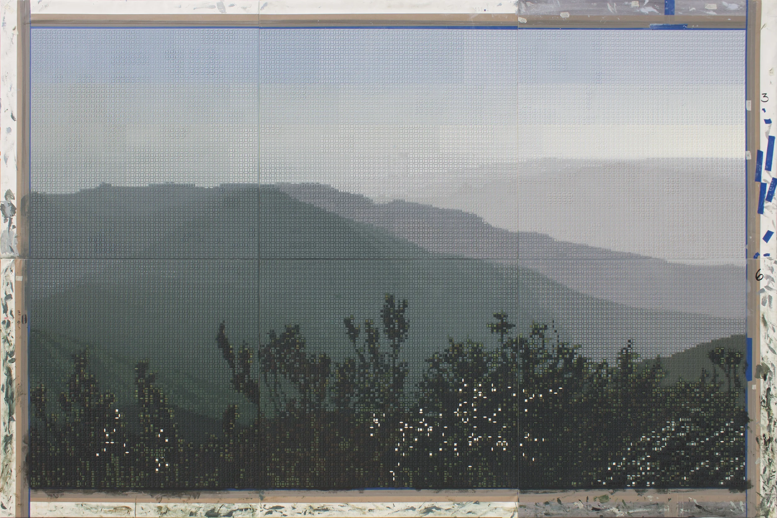 Roger Toledo, Amanecer en el Pico Turquino ( Sunrise at Pico Turquino ), 2018, Acrylic on canvas, 78 3/4 x 118 inches (200 x 300 cm); Comprised by six panels of 39 3/8 x 39 3/8 inches (100 x 100 cm).