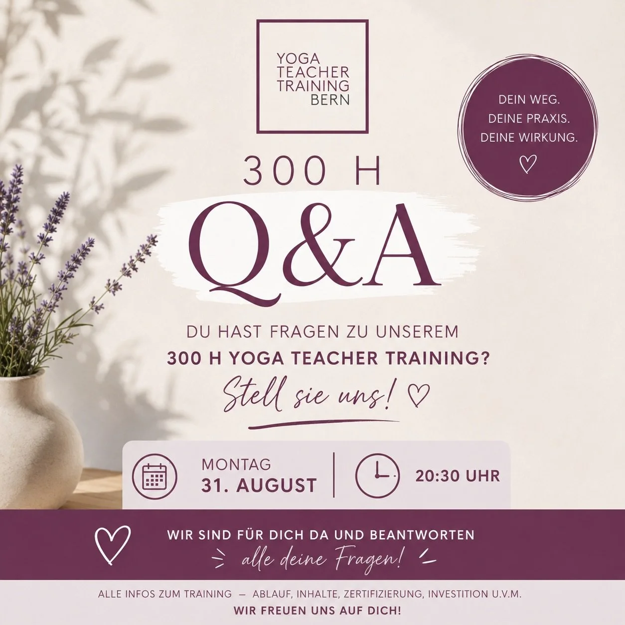 Am 10. Oktober startet unsere 300h Yoga Teacher Training Ausbildung in Bern. 🤍

Vielleicht sp&uuml;rst du schon l&auml;nger, dass du tiefer gehen m&ouml;chtest. In deine eigene Praxis, in dein Wissen &ndash; und vielleicht auch in deine Arbeit als Y