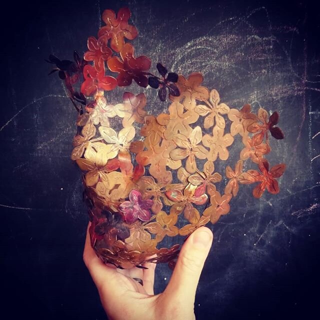 Progress on my second copper mask.
This needs a jolly good clean, but I kind of like the various colours.

This is made from 0.5mm acid etched copper, using hand drawings of the flower from a heliotrope.

The story behind this piece is based on the a