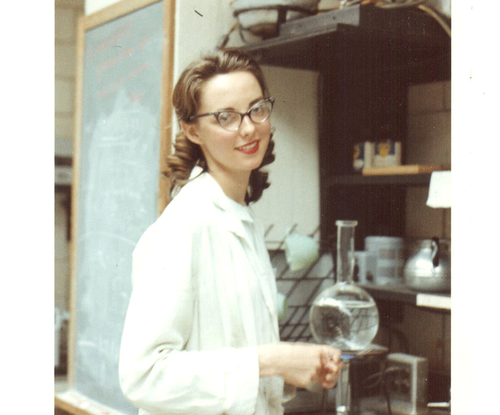 Marianne Kipper ‘61 making coffee in a Chatham College for Women lab.