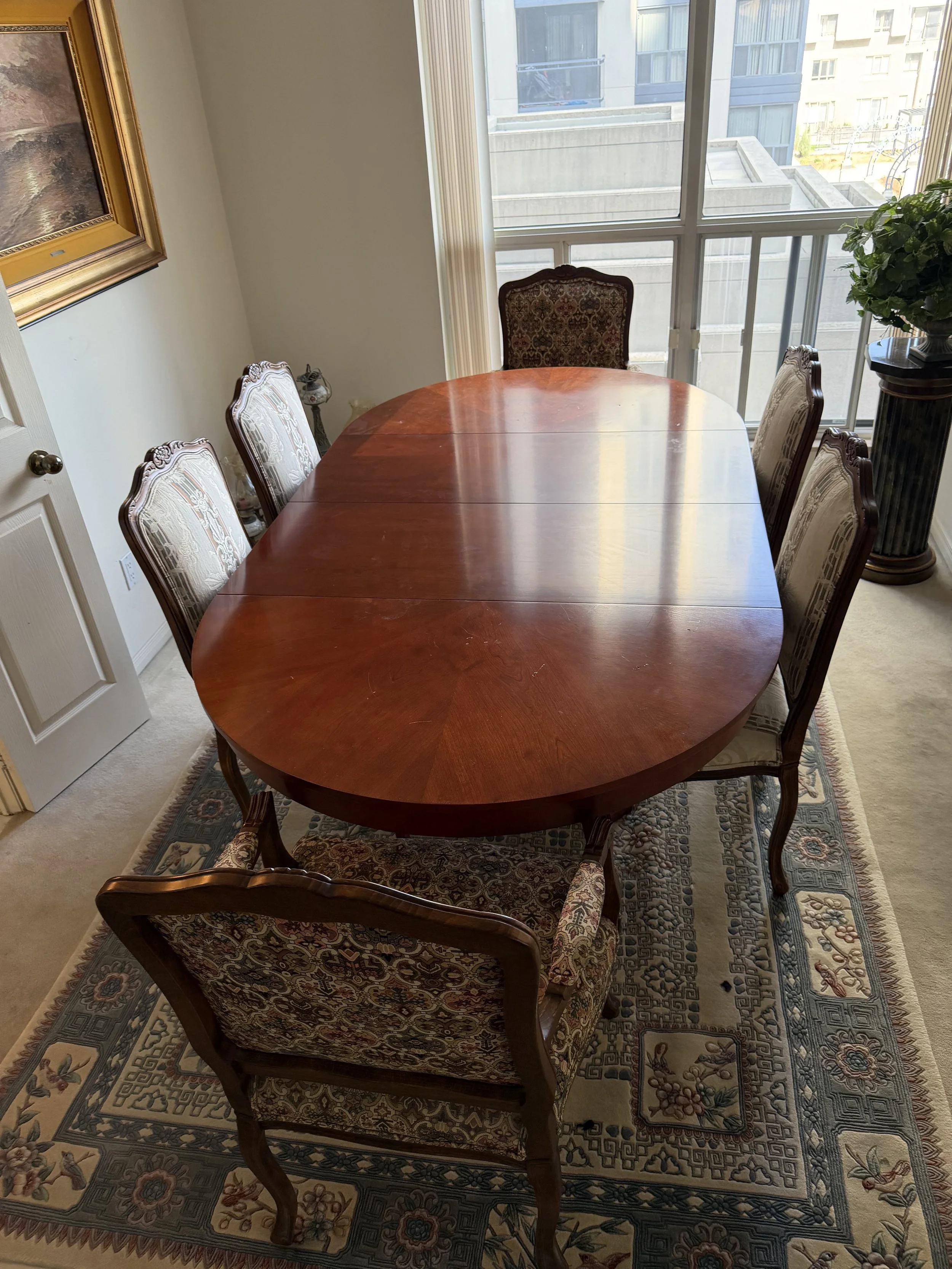 Ethan Allen Dining Table and Custom Upholstered Chairs