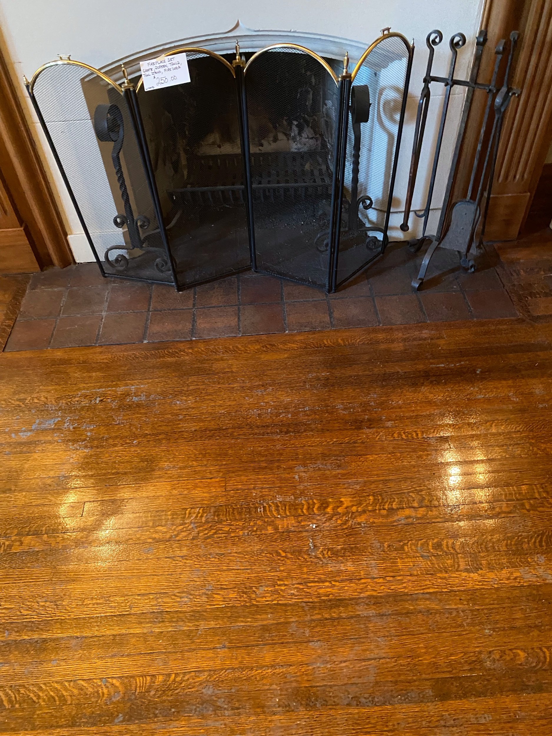 Fireplace screen, tools, grate, fire dogs