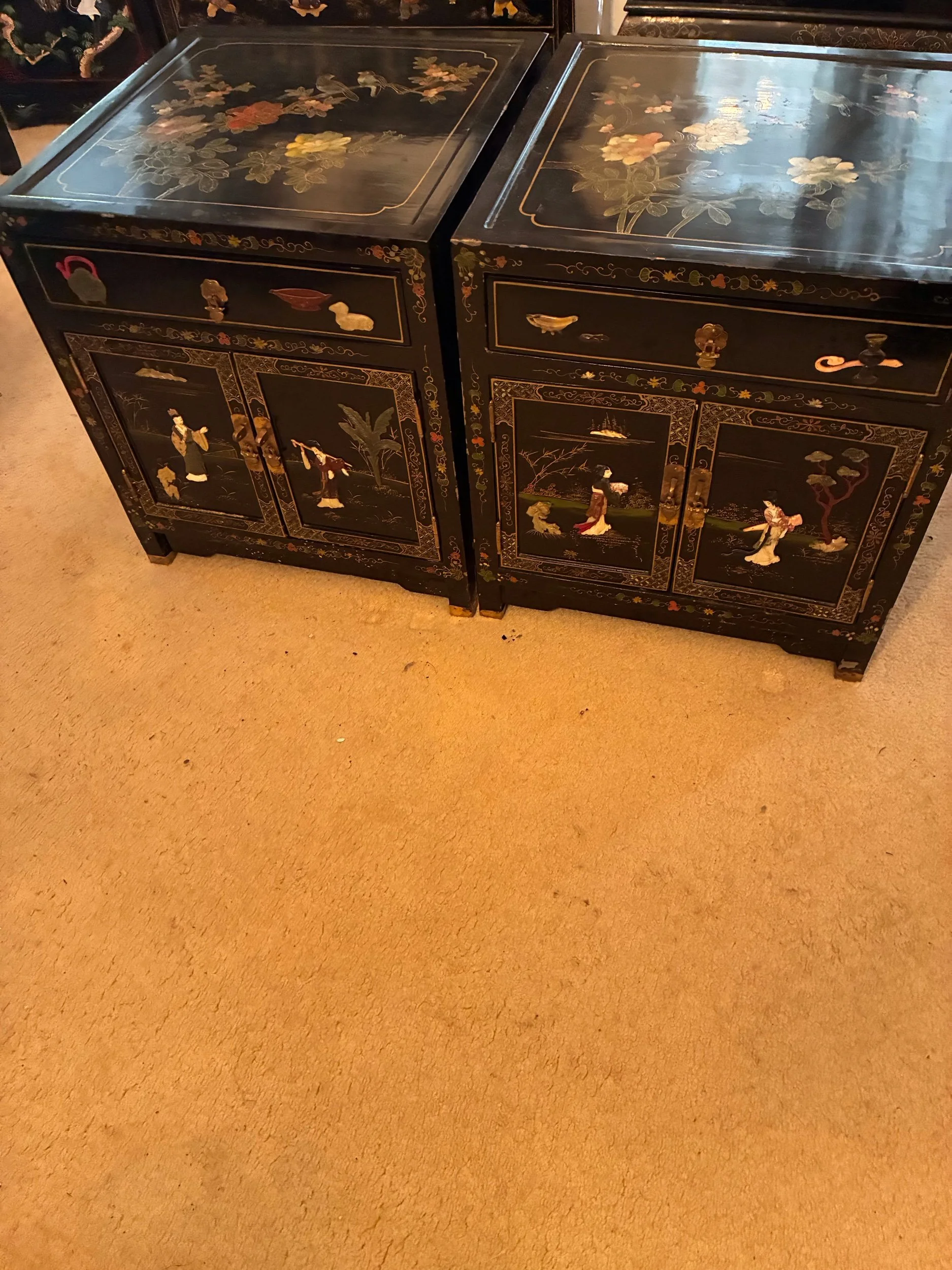 Lot 13 - Pair of black lacquer night stands/small cabinets