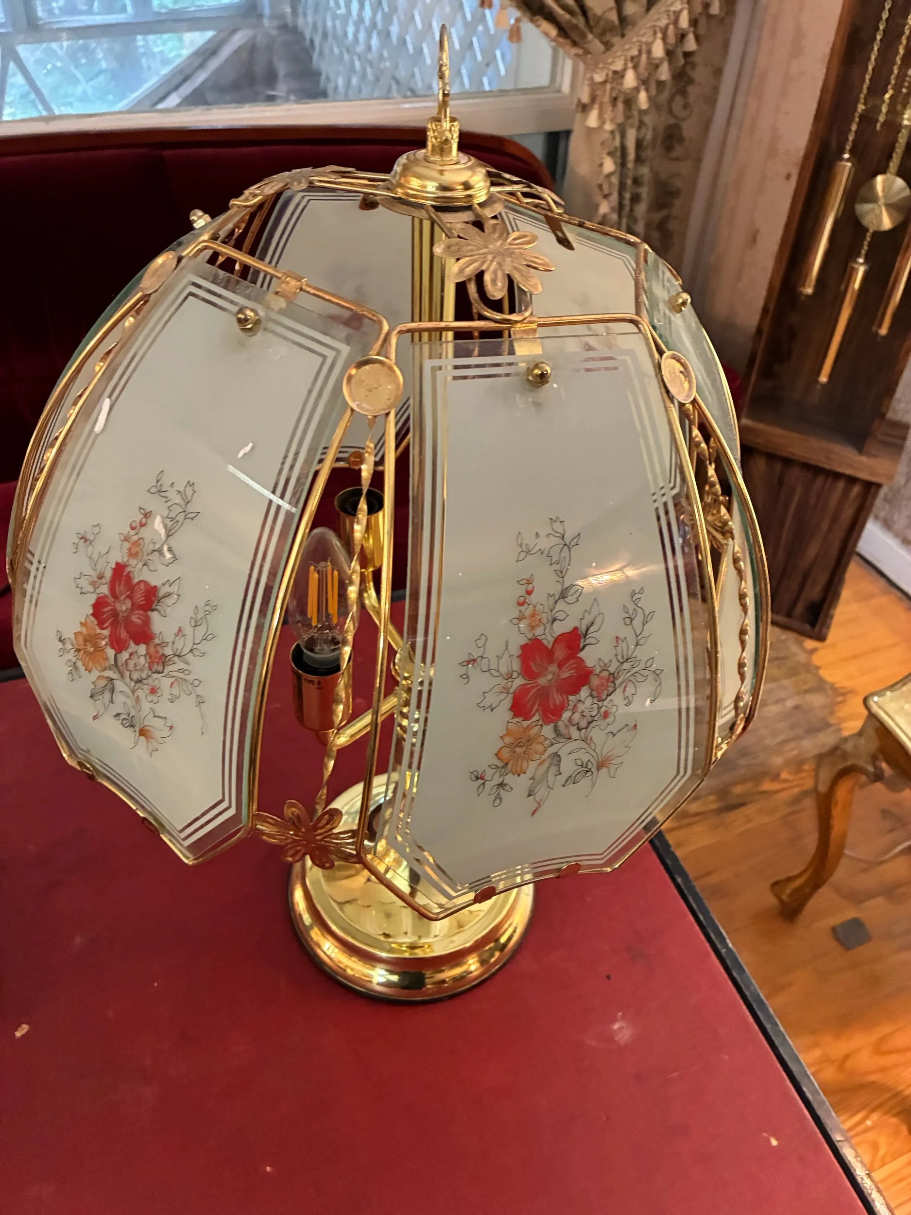 Lot 28 - Brass and glass panel lamp