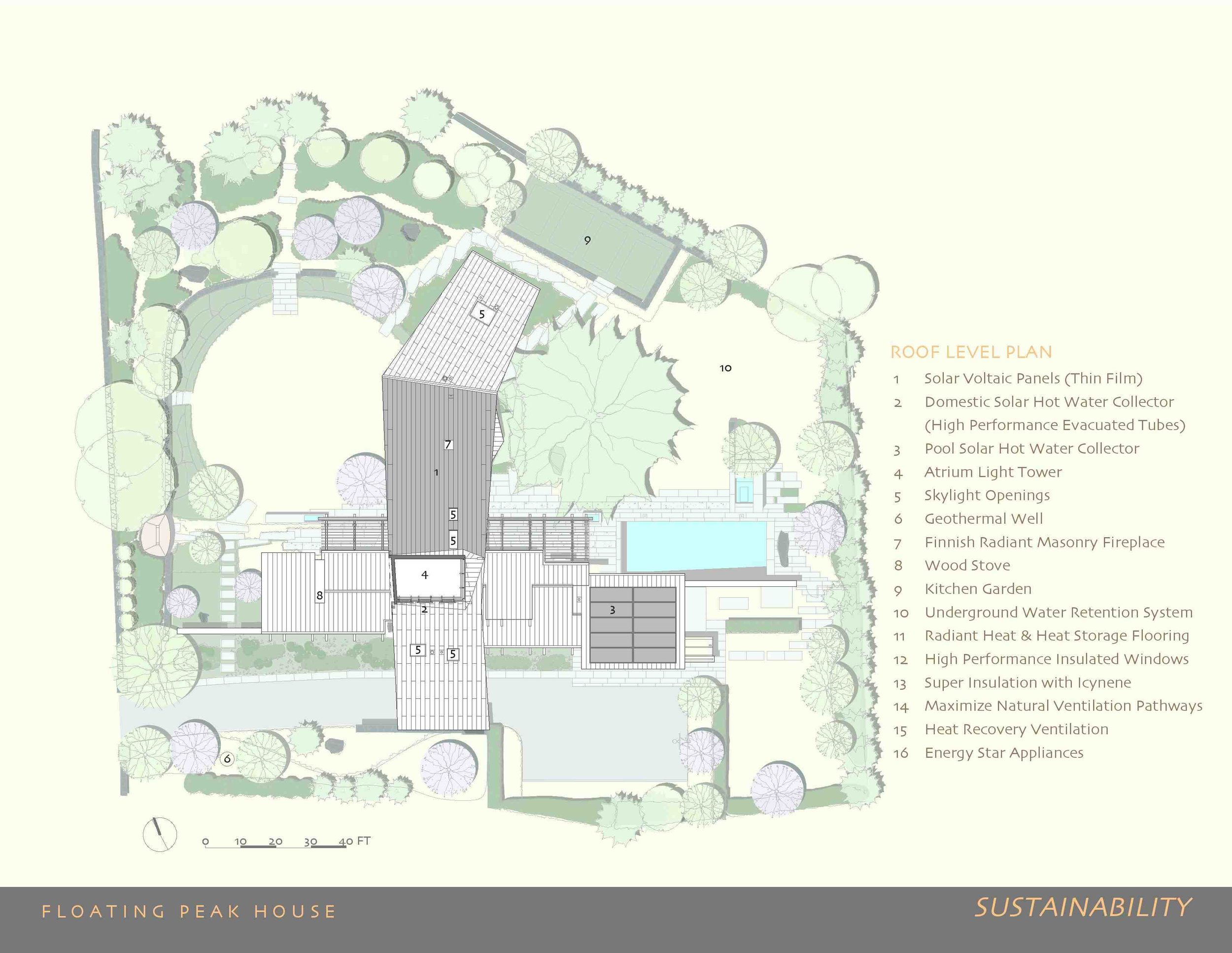 Roof Level Plan showing sustainable features, Floating Peak House , Newton, MA