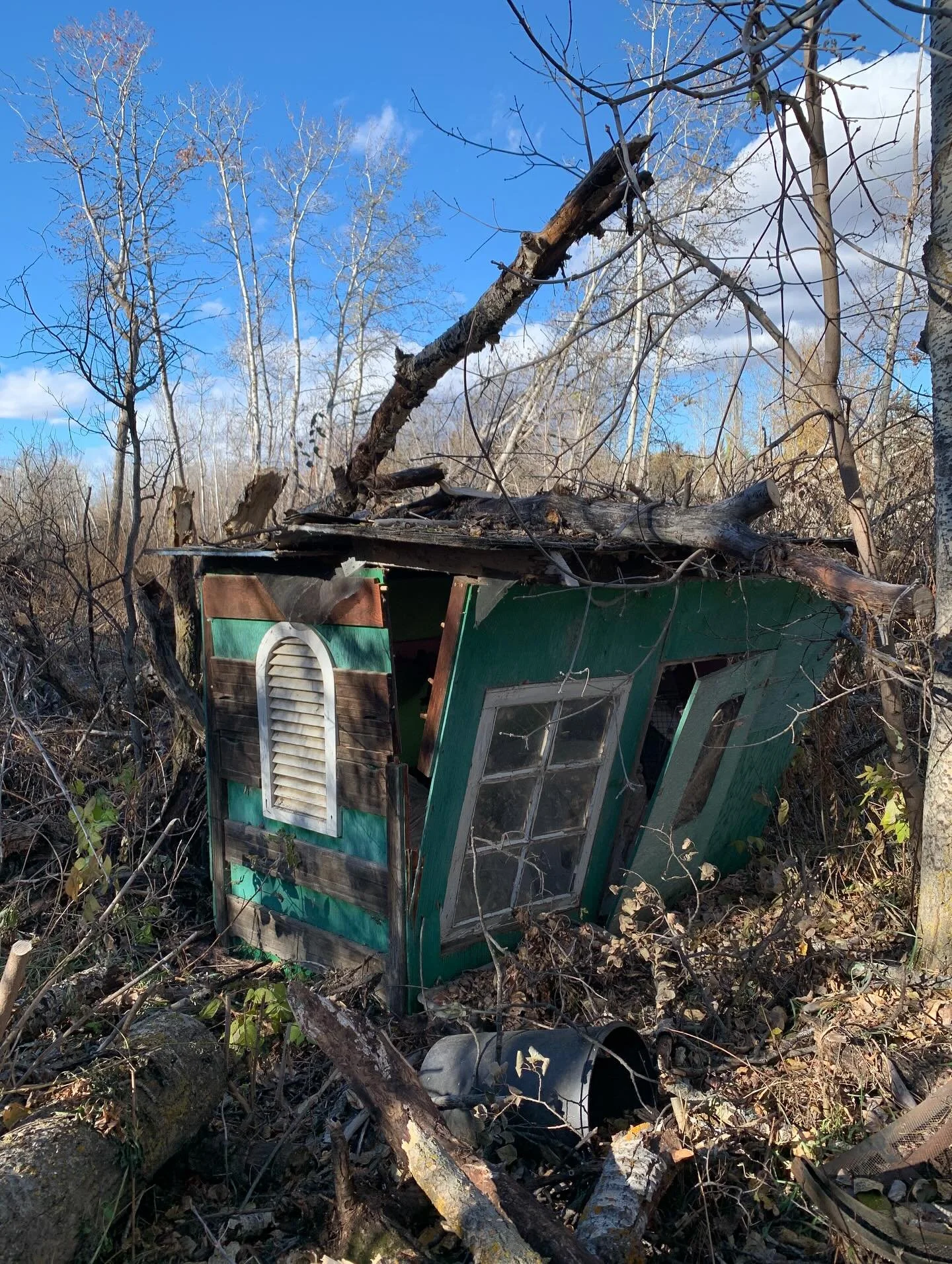 A few weeks ago, a large tree fell over in the woods behind our home. It came crashing down on top of the old playhouse we had built just beyond our property line. The whole structure is now lilting, the roof caved in. 

We built it years ago for our