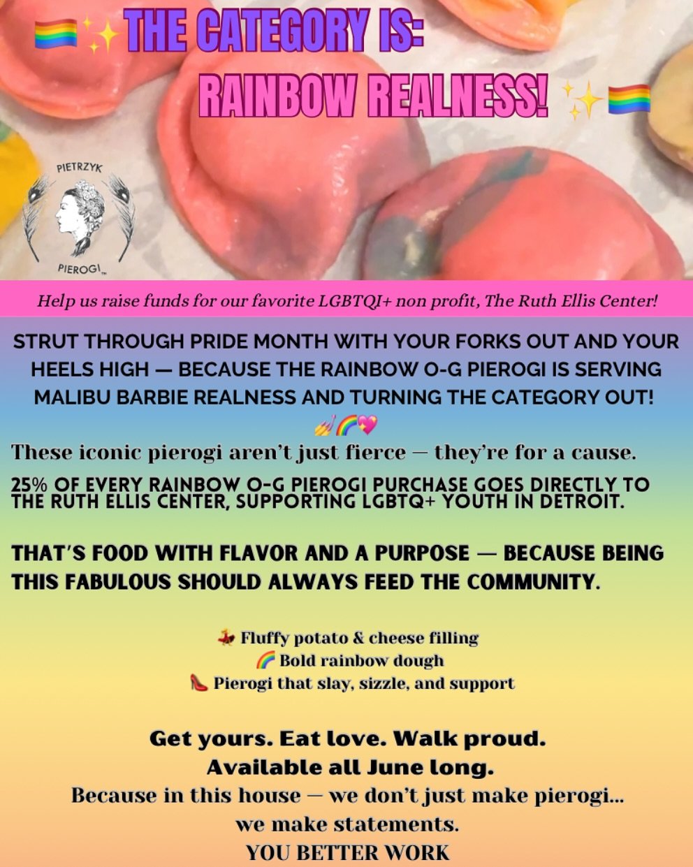 🌈 Fuel Up With Love Before Detroit Pride 🌈
Before you hit the streets in all your fabulous glory, grab a plate of our Rainbow O-G Pierogi&mdash;a meal made by the community, for the community. 💖

These pierogi are stuffed with classic potato + che