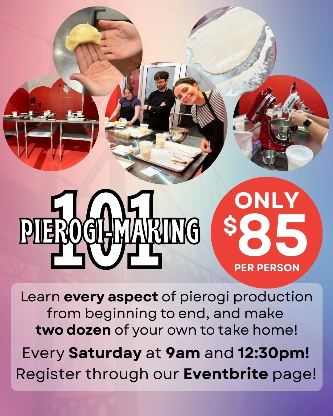 Half of life is learning, they say, and there's no better teacher on every aspect of pierogi production than our weekly class. Every Saturday at 9am and 12:30pm, you can experience everything from making dough to pinching techniques, and make two doz