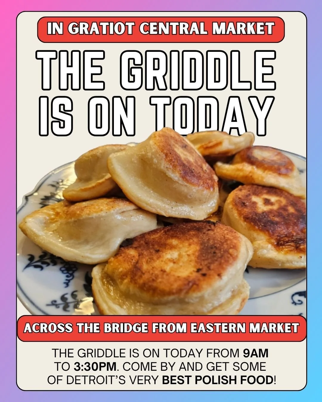 We've got the griddle on at Gratiot Central today, and we're excited to see everyone! Come try an old classic or something new.

#pietrzyk #pierogi #polska #downtown #detroit #griddle #breakfast #lunchideas #food #hotfood #flavor