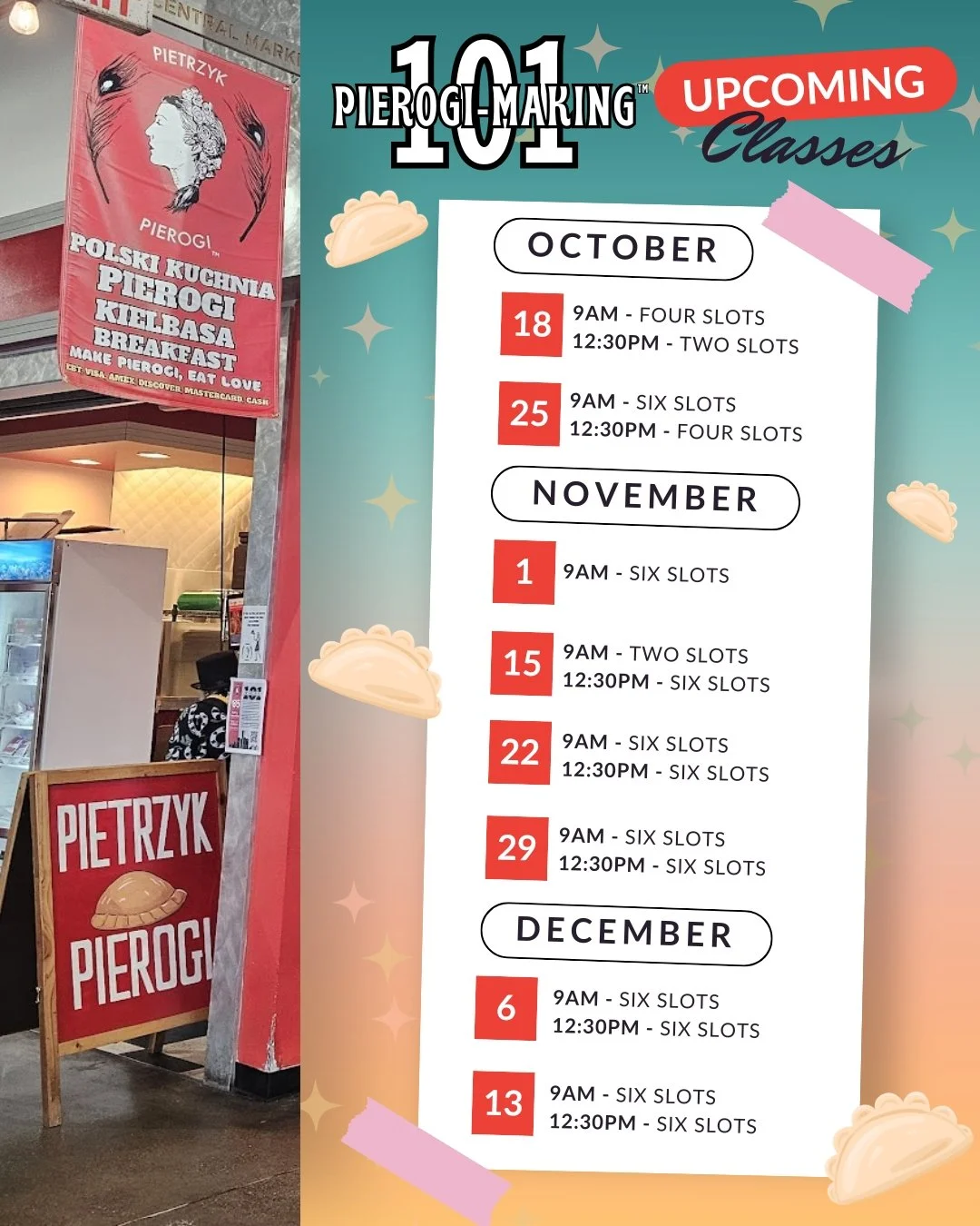 Slots are filling up fast for our weekly Pierogi-Making 101 classes! 

Sign up today for just $85 per person for a class taught by a Polish culinary expert on every aspect of the pierogi production process at Gratiot Central Market. Make two dozen of