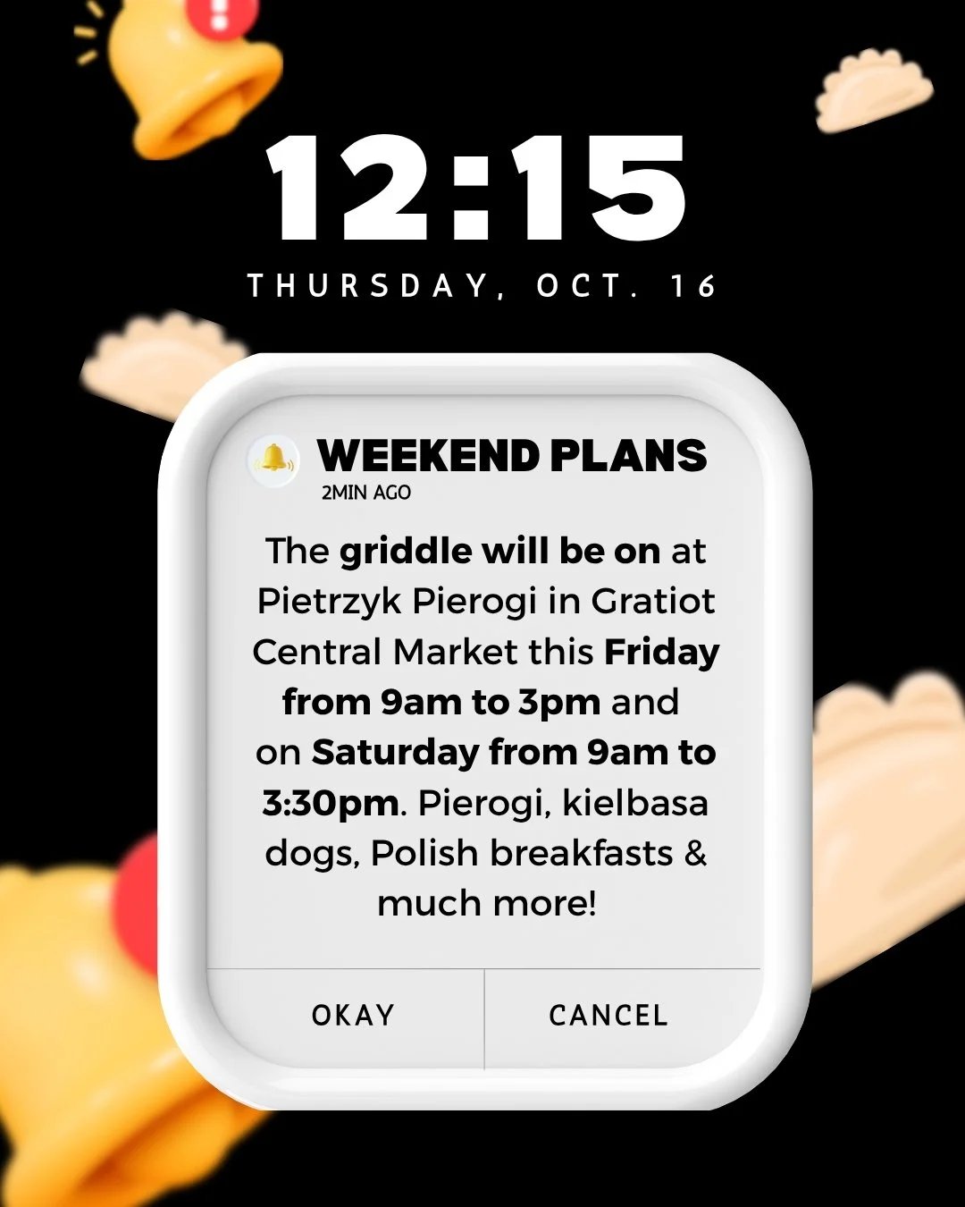 Alert! Alert! The griddle will be on Friday and Saturday! It's your chance to get some damn good Polish food. Don't miss out!

#pietrzyk #pierogi #polska #downtown #detroit #gratiotcentral #weekend #hungry #food #vibes #popup #lunchideas #breakfast #