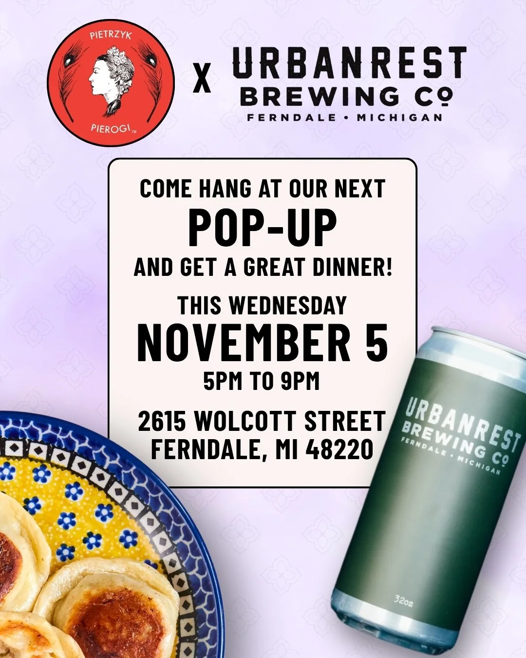 Short notice, but we're hosting a popup with our friends at @urbanrestbrewing today. Come hang out, have some of Detroit's best Polish food washed down with Urbanrest's award-winning pilsner or delicious kombucha! 

#pietrzyk #pierogi #piertrzykpiero