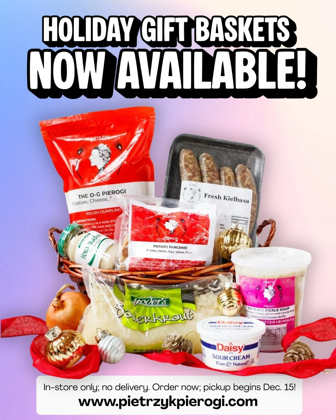 🎁✨ Holiday Gift Baskets Are LIVE!

Make holiday shopping ridiculously easy (and insanely delicious). Our curated baskets are PACKED with pierogi, soup, kraut, kielbasa, potato pancakes&mdash;basically, everything people actually want to eat.

Perfec