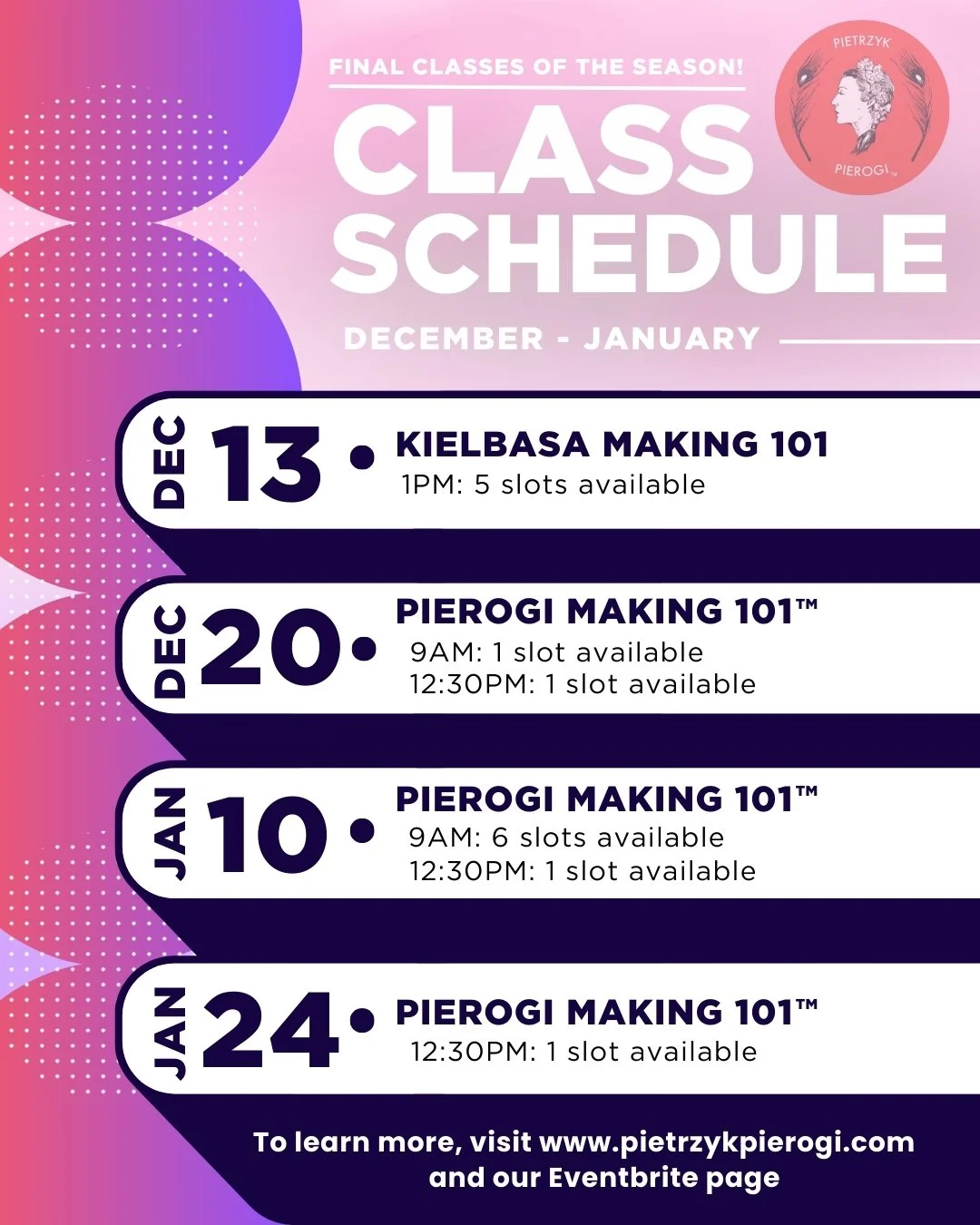 Now's the last chance to register for our final classes of the season! Learn from the experts on how to make the iconic pierogi and kielbasa dishes, and create some of your own to take home. Sign up through our website (link in bio) today and don't m