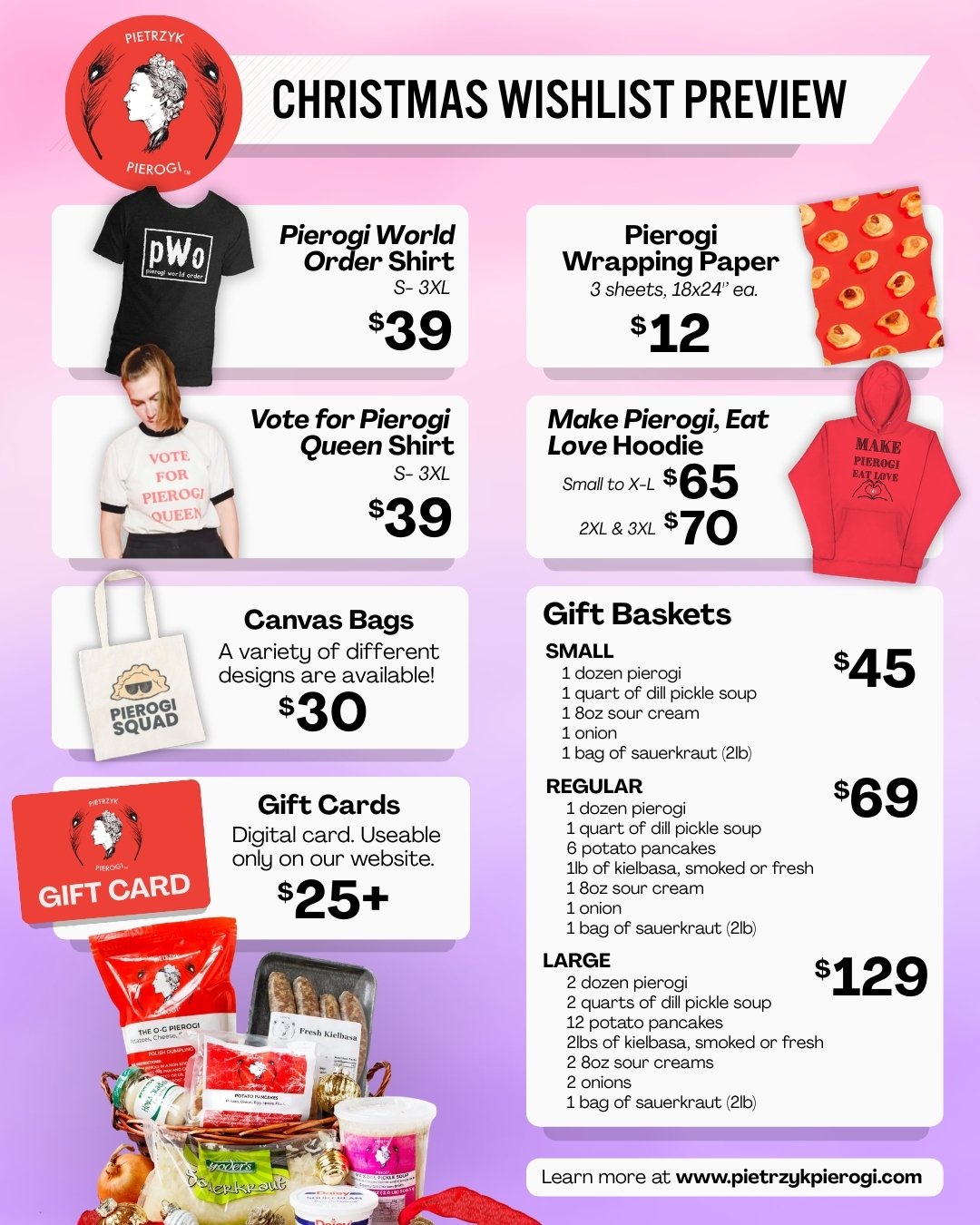 Whether you're looking to show off your love of all things pierogi through our premium canvas tote bags, our variety of t-shirt designs or even wrapping paper, we've got what you're looking for. 

Cross every name off your list and order your favorit