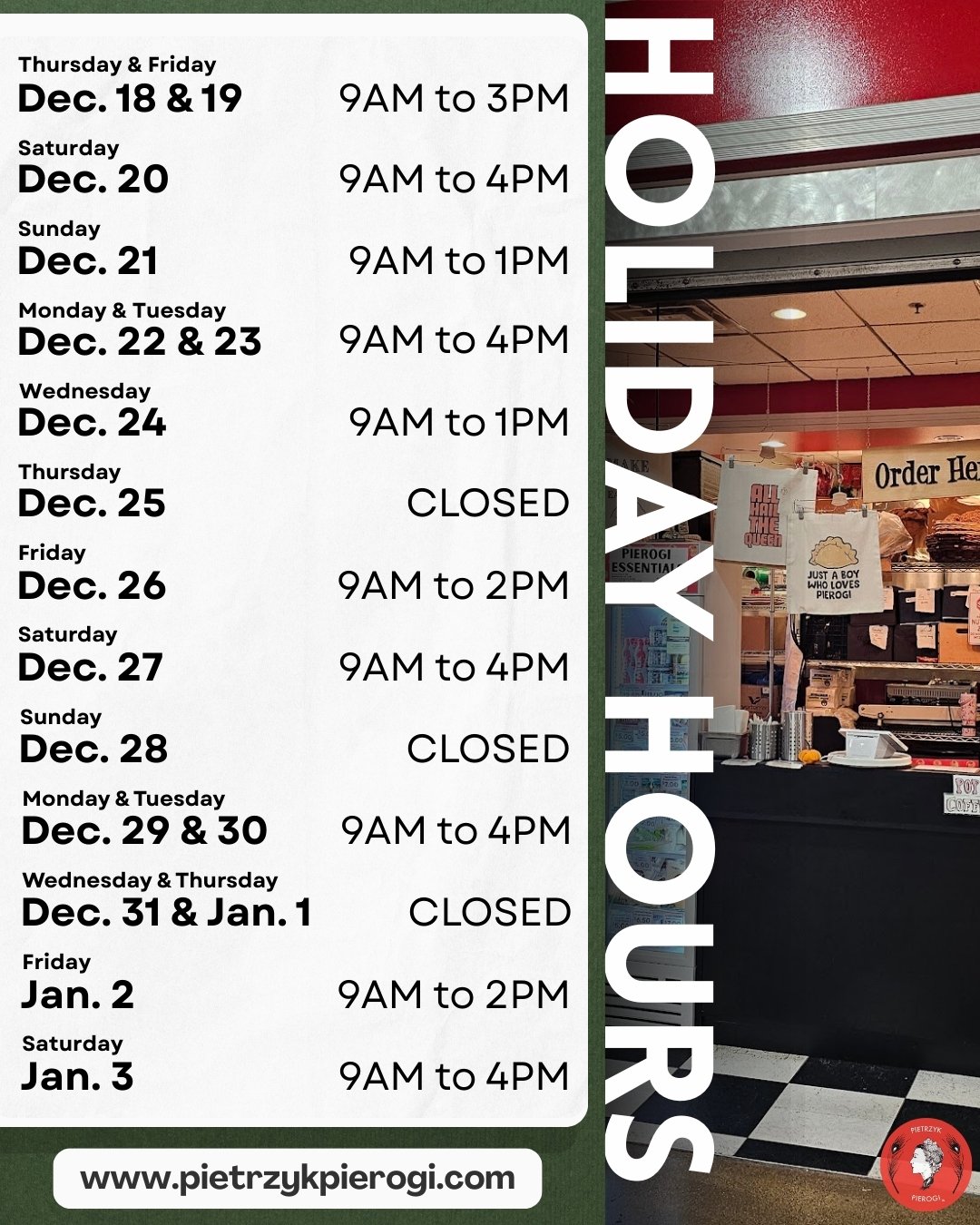 Here's our schedule for the rest of the month (and the year, come to think of it). We'll be open this upcoming Sunday (December 21) from 9 to 1 and closed on Christmas Day, New Year's Eve and New Year's Day. Au revoir, 2025!