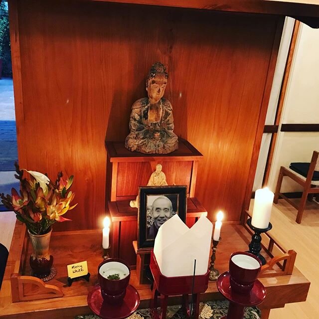 Today the assembly bows together and observes the monthly memorial day of our founder, Houn Kobun Daiosho. Respectfully we have offered incense, flowers, light, sweet water, food and tea.