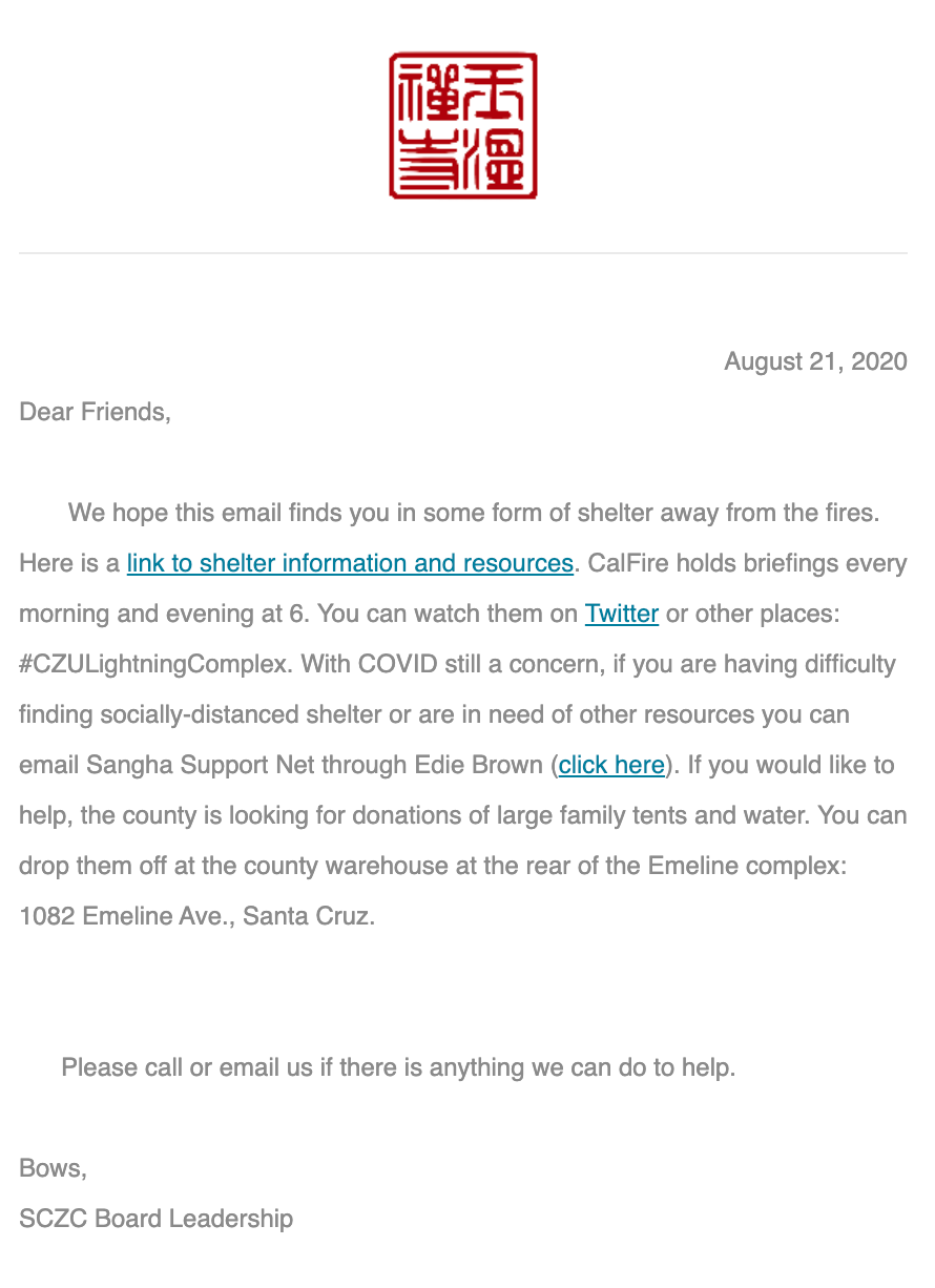 Message From SCZC Regarding Local Fires