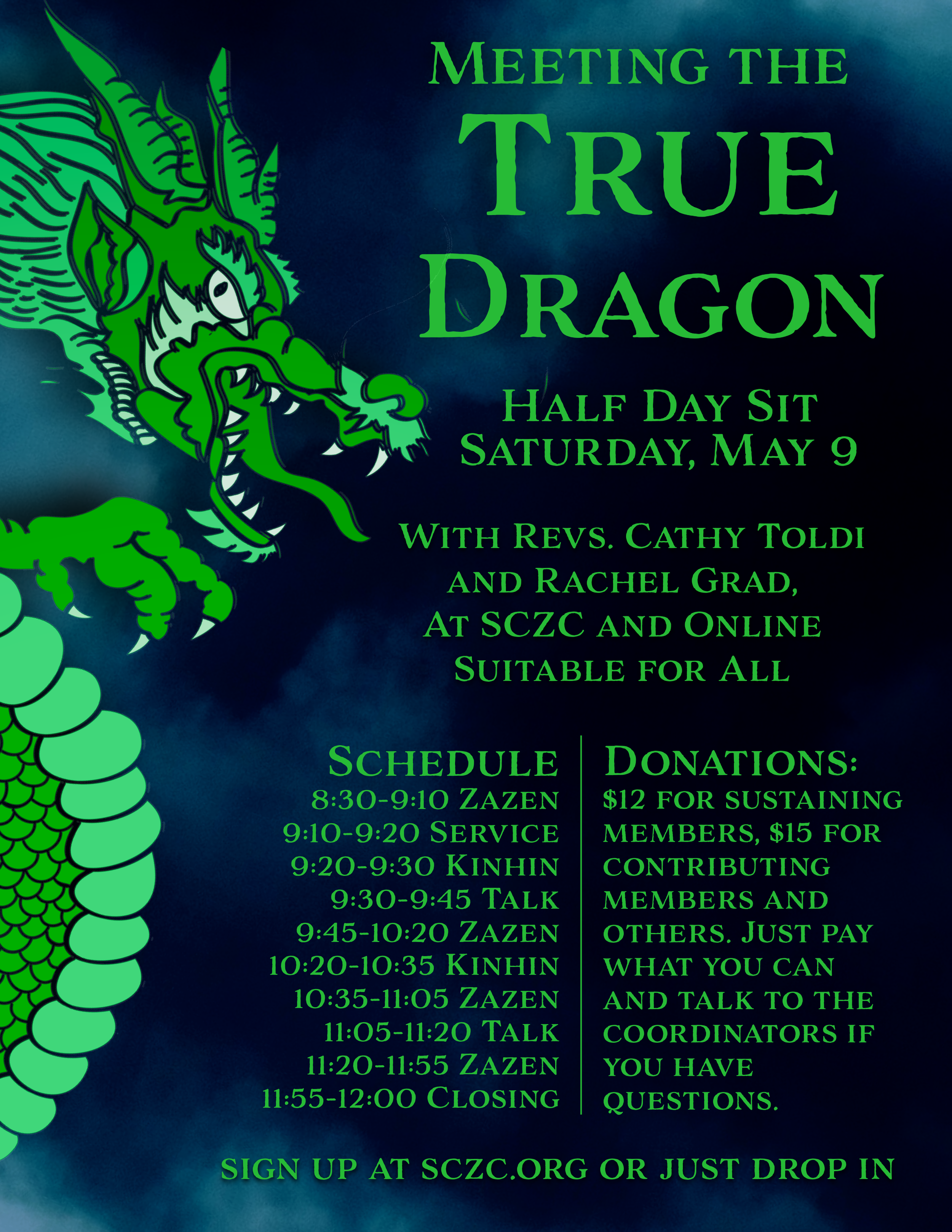 Meeting the True Dragon:  Half Day Sit led by Revs. Rachel Grad and Cathy Toldi