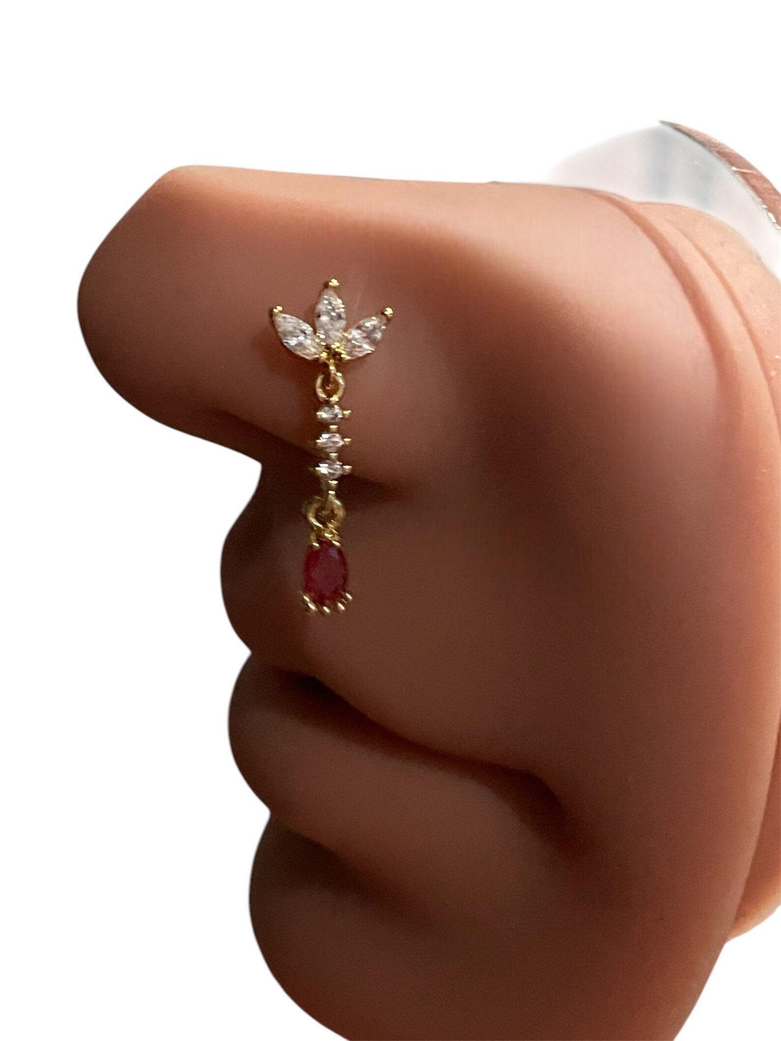 Lotus Bloom Nose Ring | Gold Diamond Lotus & Fuchsia Pear Drop