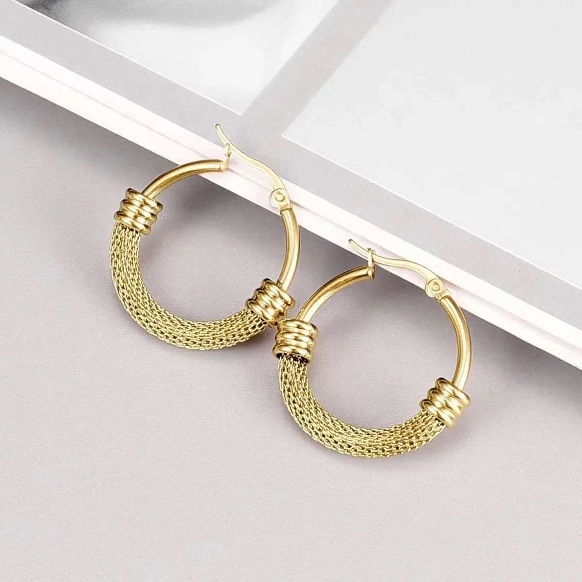 18K Gold Plated Link Mesh Hoop Earrings