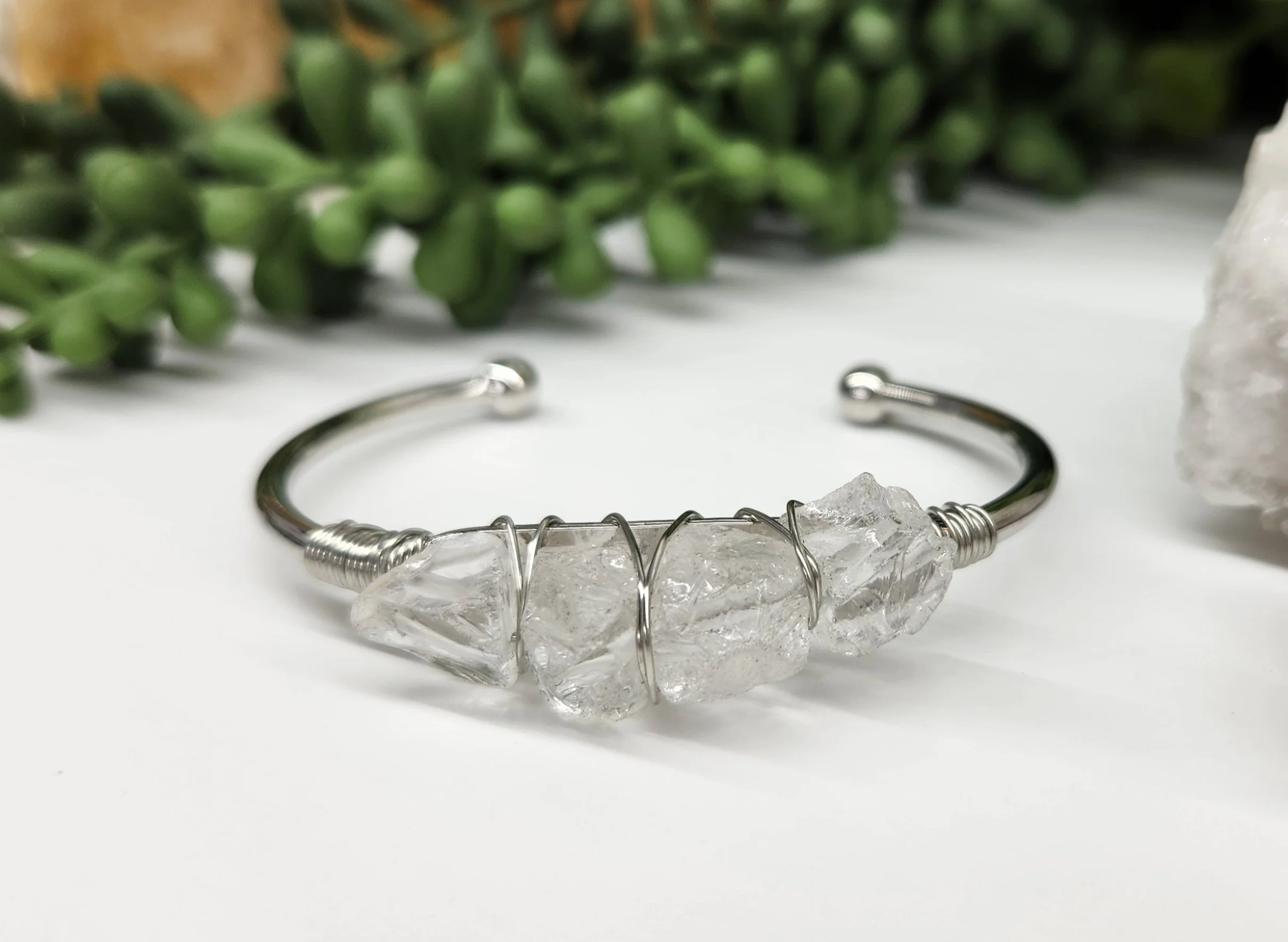 White Gold Clear Quartz Gemstone Bangle