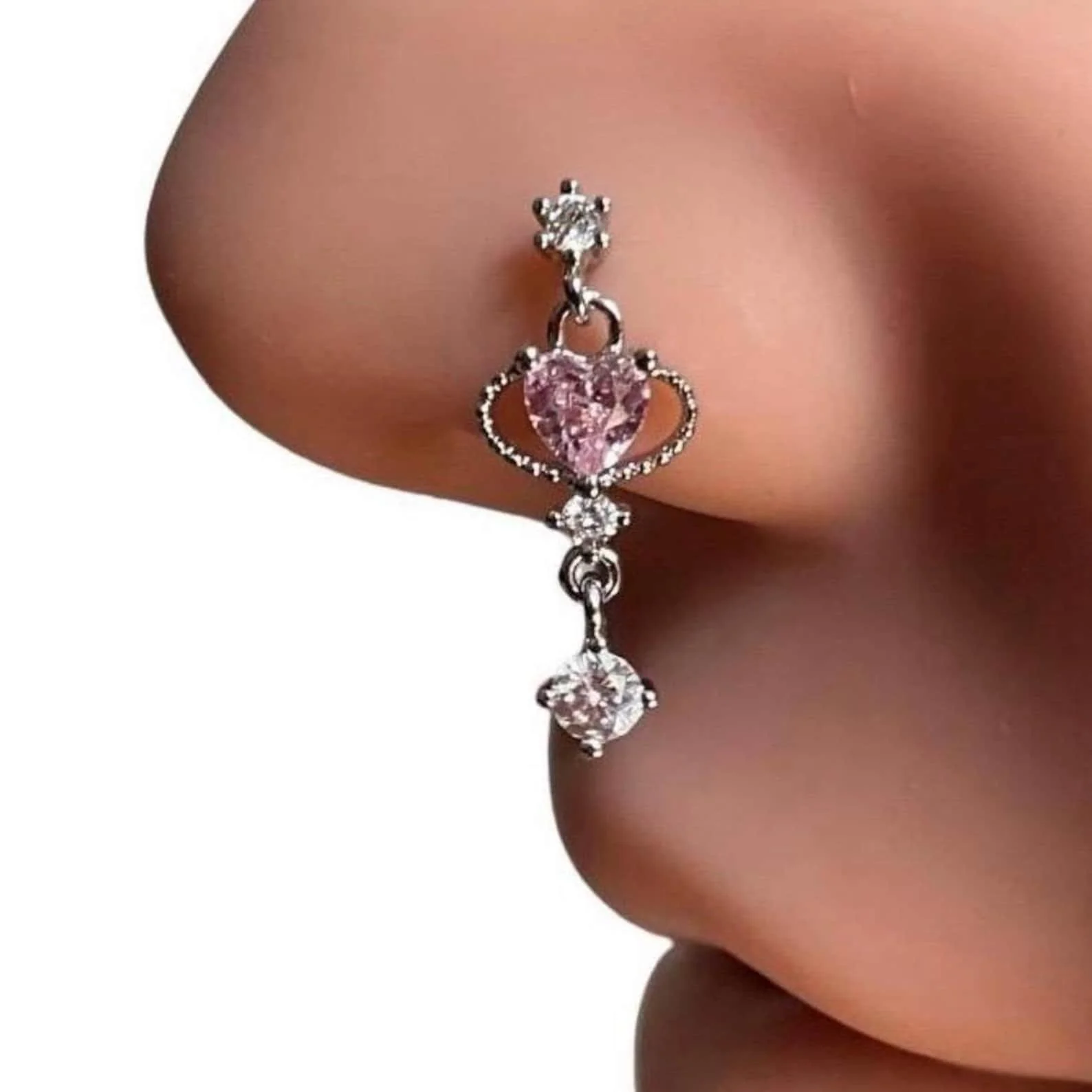 Blush Heart Nose Ring | Pink Heart Gem with Chrome Ring