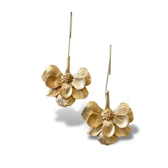 Bloom Flower- Steel 14K hammered Earring Drop Chandelier