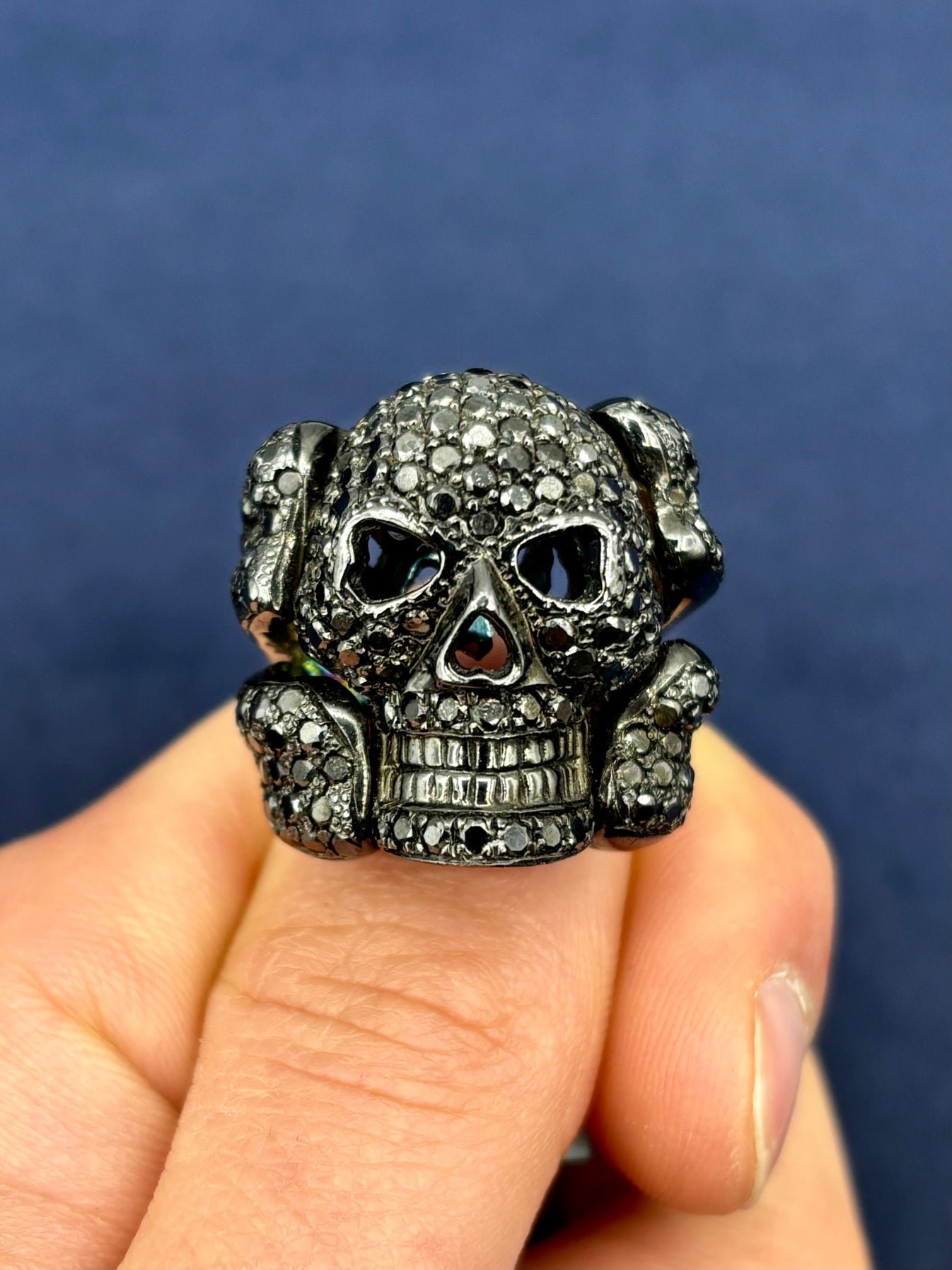 14K Black Diamond Skull and Crossbones Ring