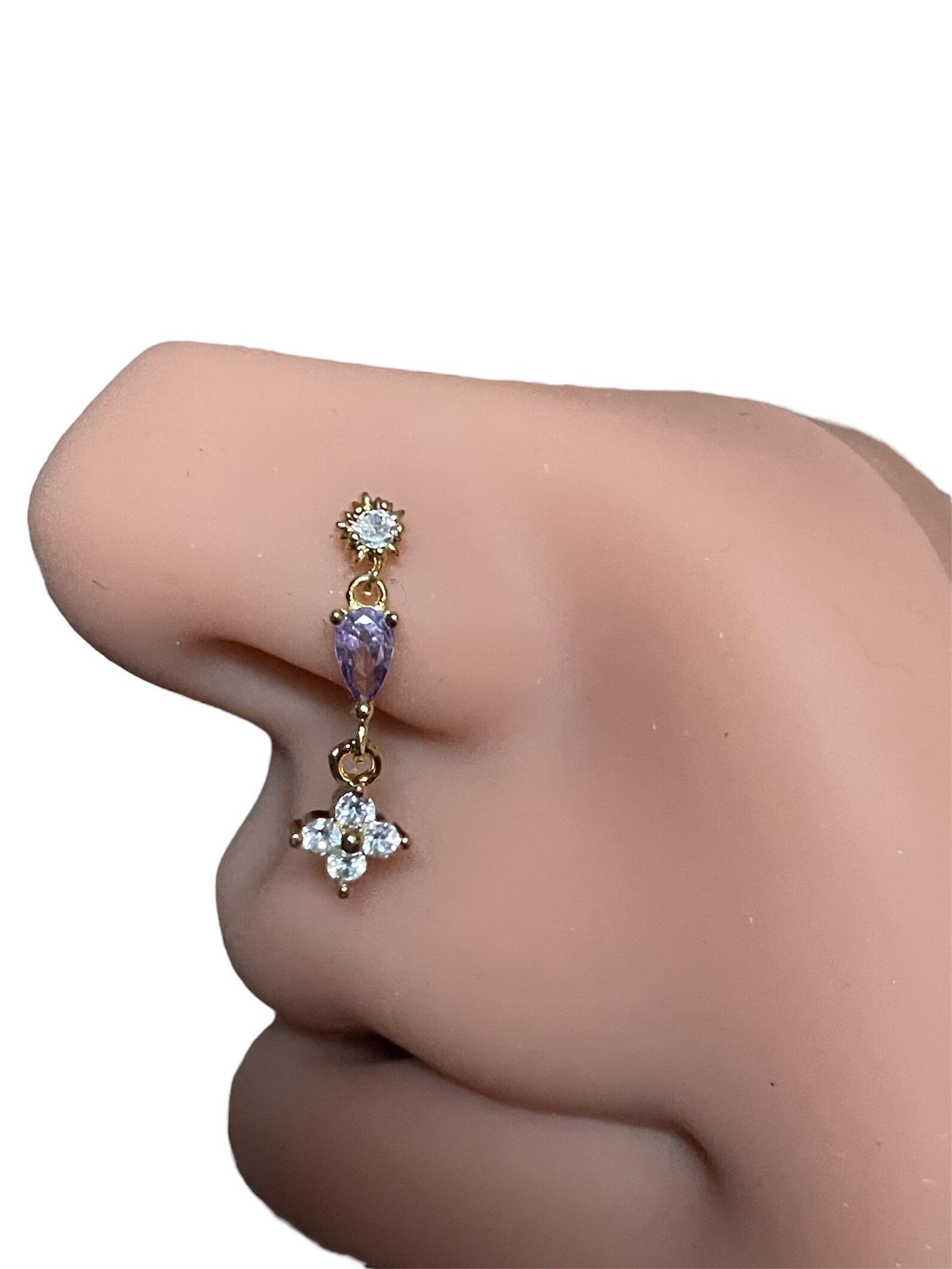 Amethyst Bloom Nose Ring | Gold Diamond Flower with Purple Teardrop
