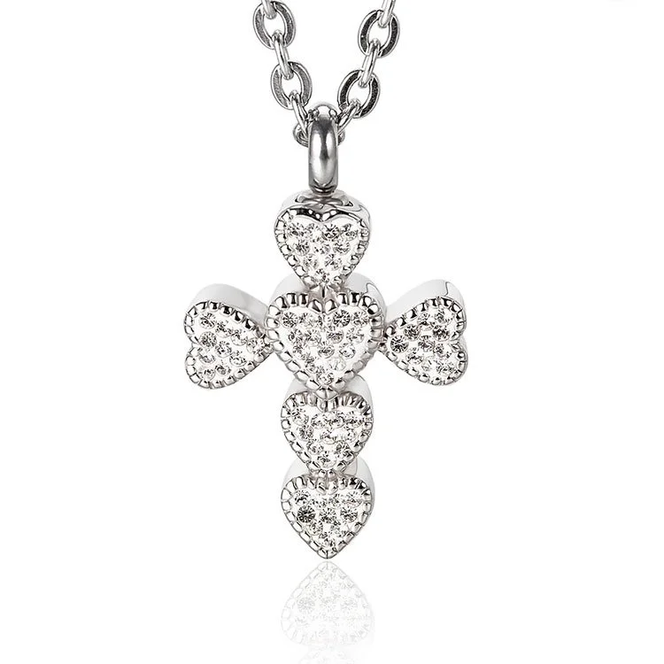 The Guiding Light Cross Pendant -Stainless Steel with Zircon Inlay - Memorial Pendant - Ash Urn Necklace