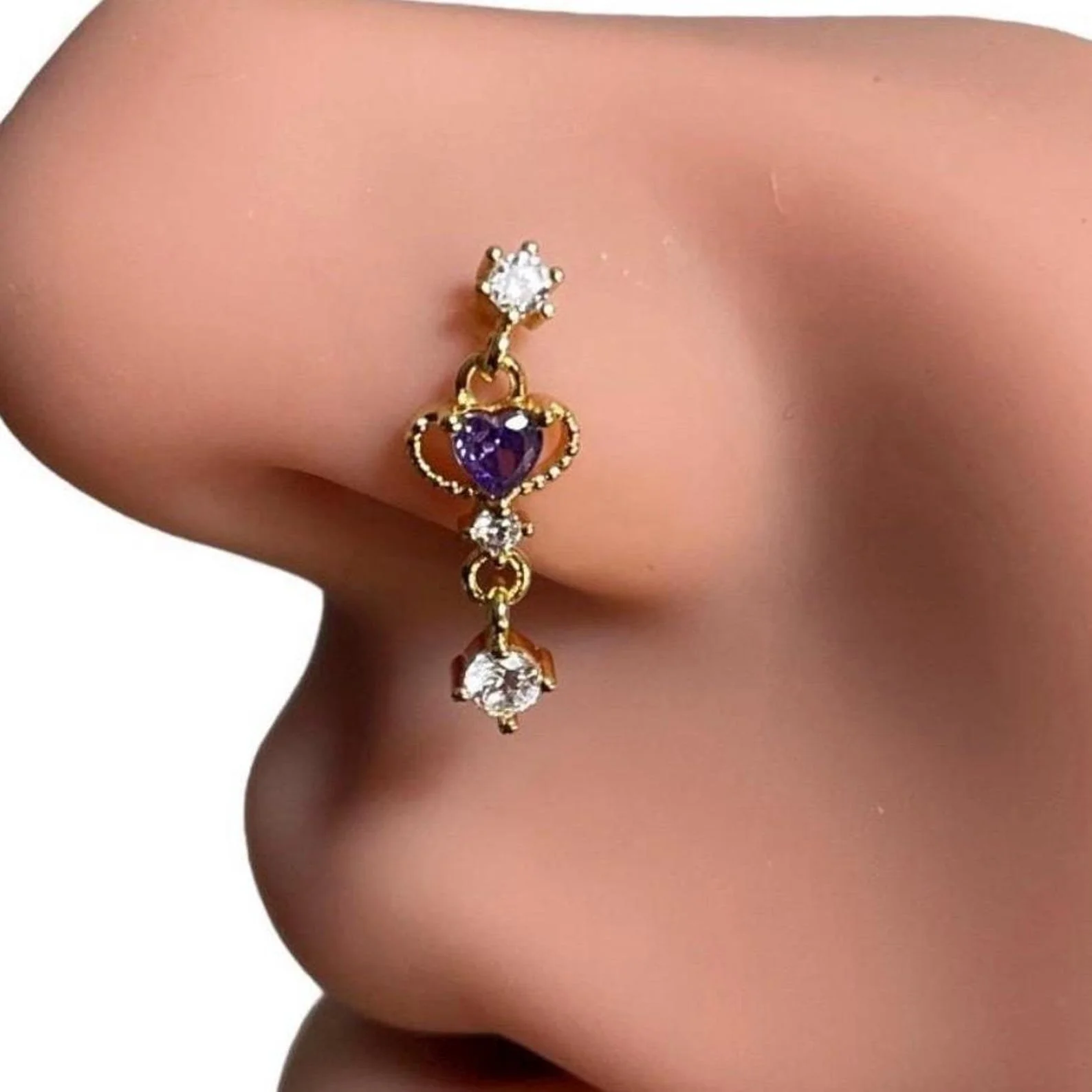 Royal Amethyst Heart Nose Ring | Purple Heart with Golden Ring