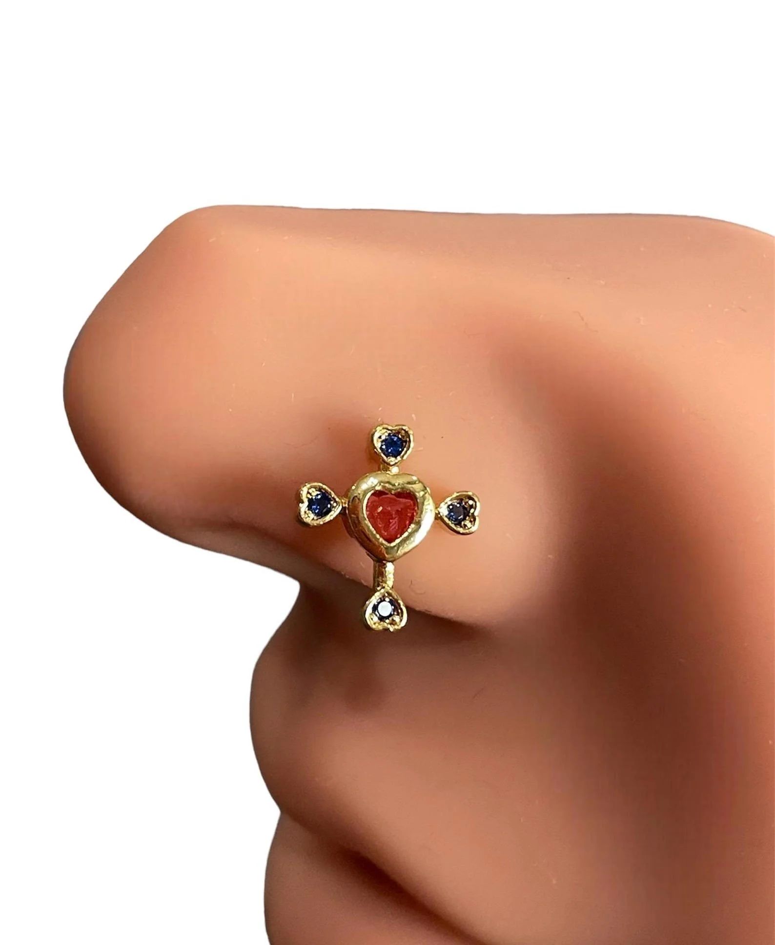 Sailor Goon Nose Ring | Gold Heart Cross with Ruby Center & Blue Diamond Accents