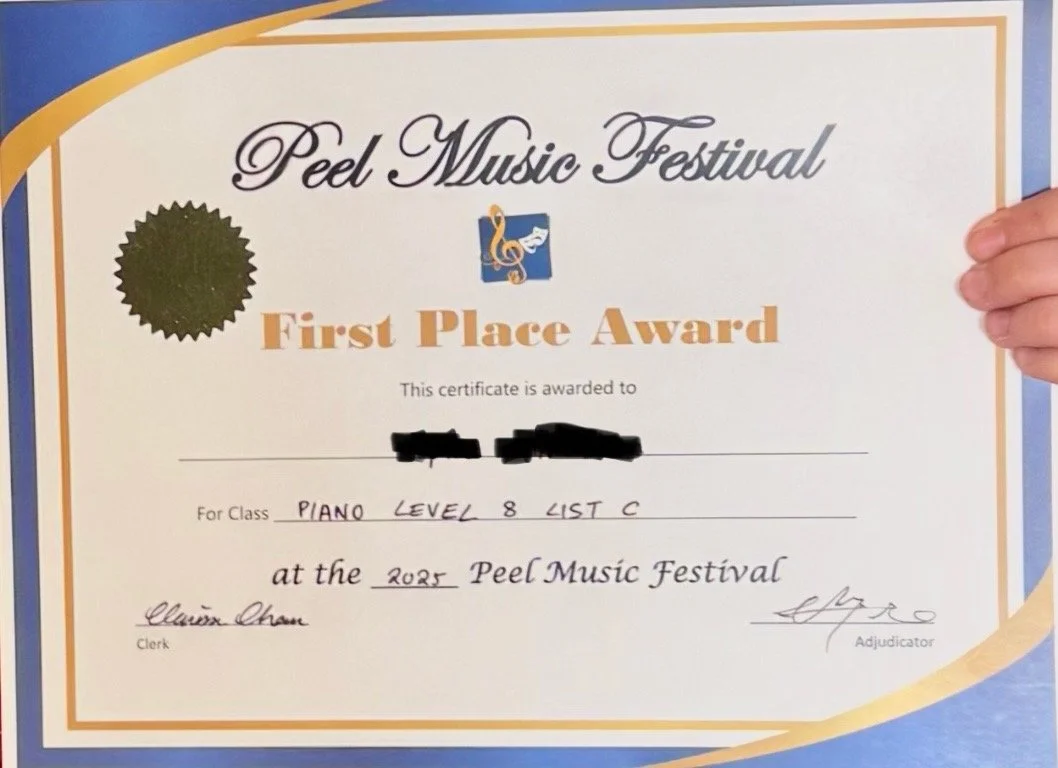 Certificate awarded for first place at the Peel Music Festival for class Piano Level 8 List C in 2023, signed by the adjudicator and clerk, with a gold seal on the left side.