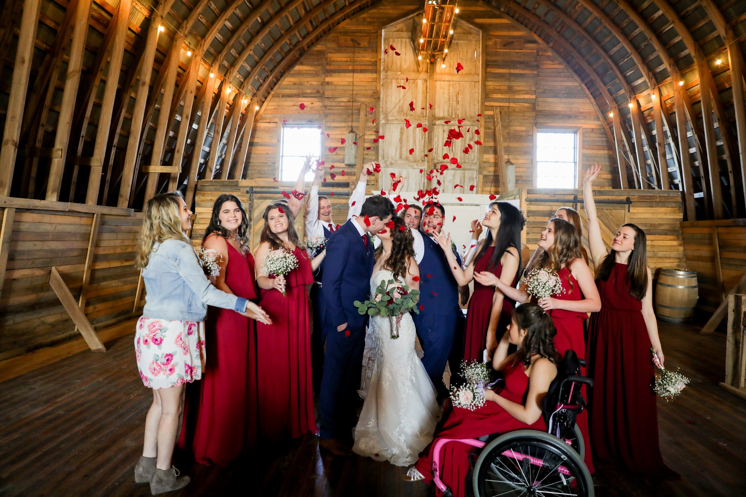  wedding party photo inside barn wedding venue in eastern NC 