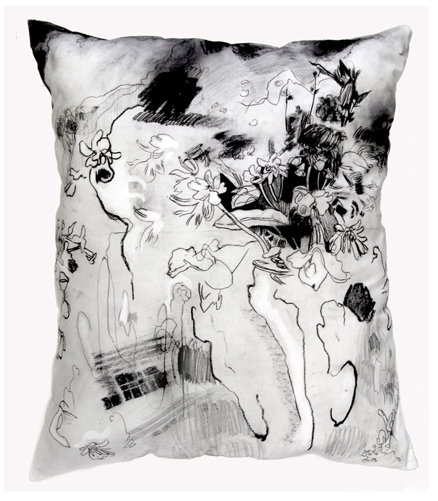  Charcoal drawing on hand sewn pillow  18” x 24”  