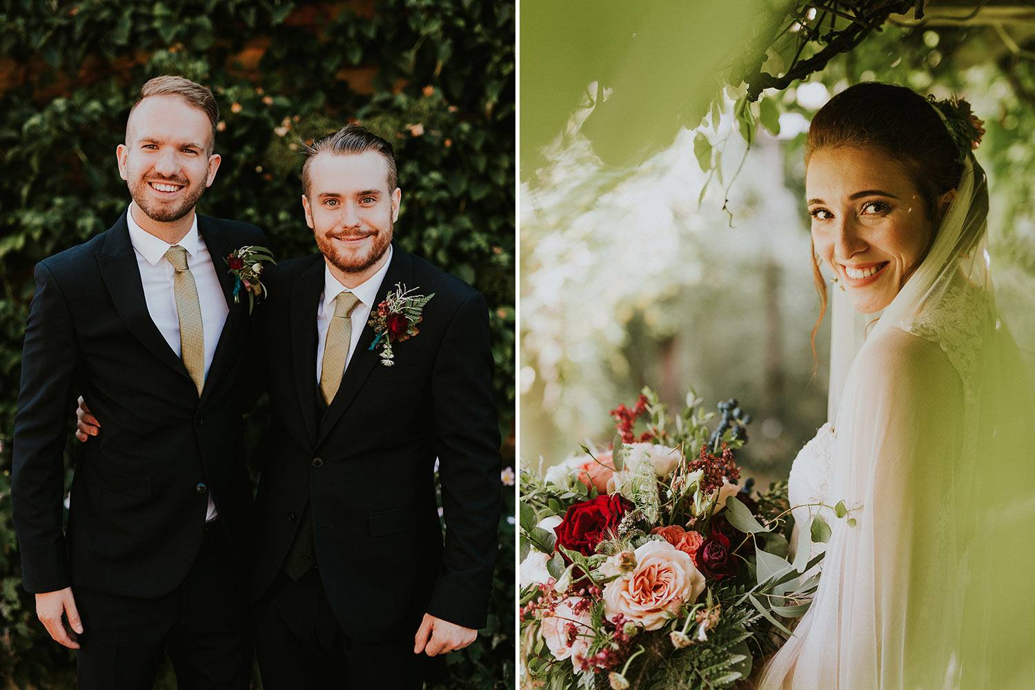 Groom with groomsman and bride with bouquet