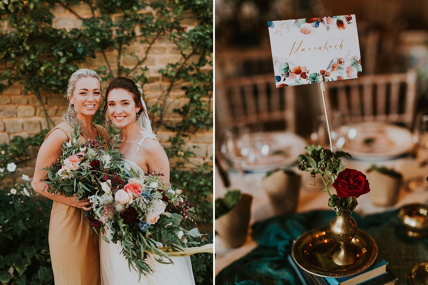 Nride and bridesmaid with woodland wedding flowers and table setting