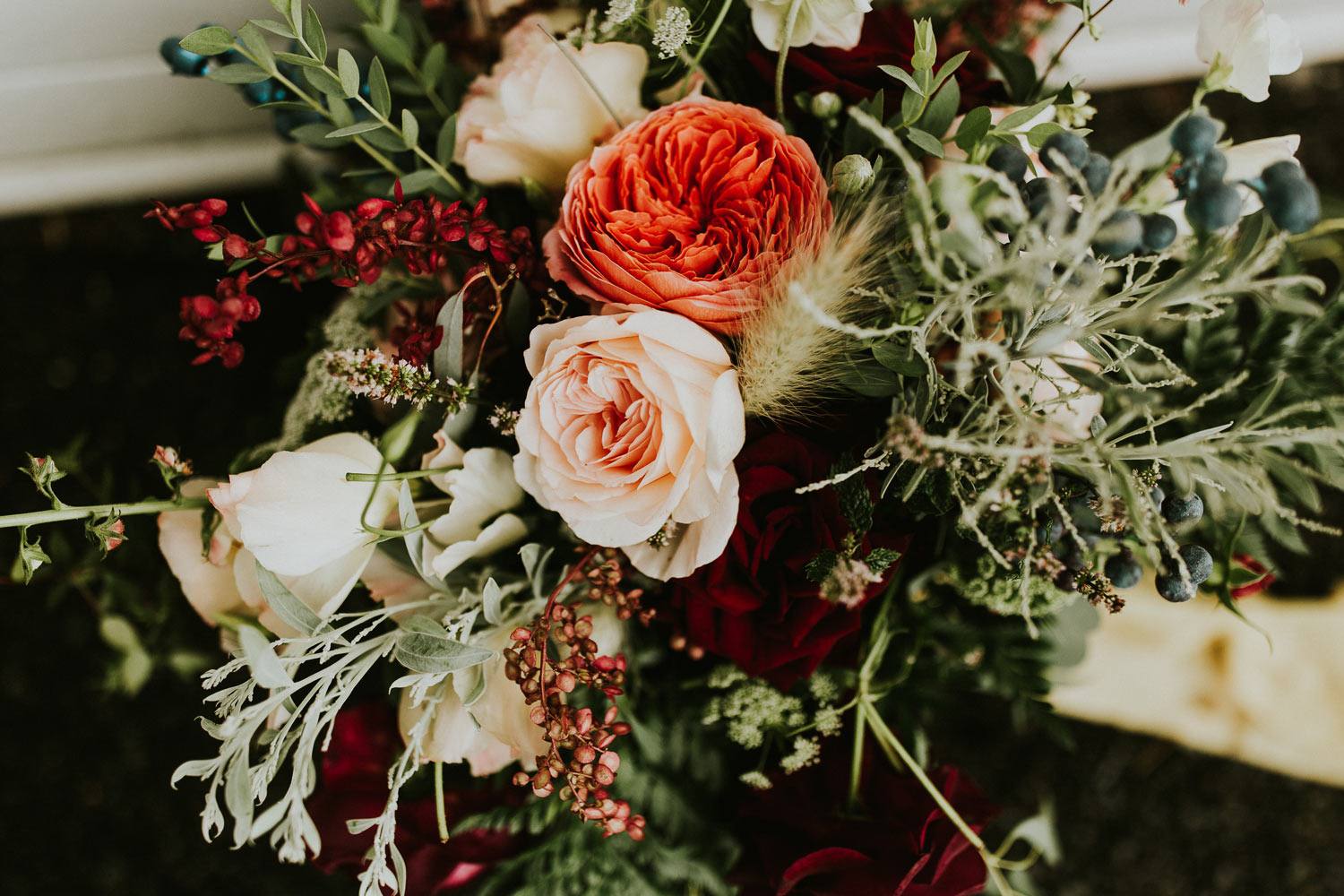 Late summer woodland bridal bouquet with roses