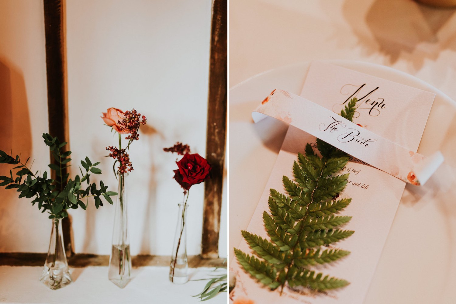 Flowers in vases and fern table setting