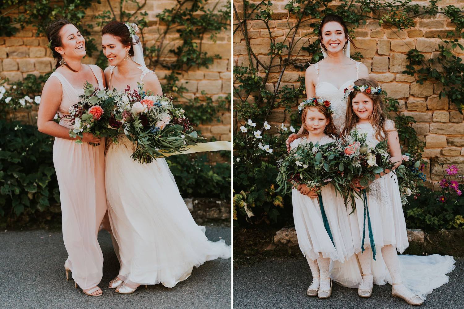 Woodland bride with bridesmaid and flower girls