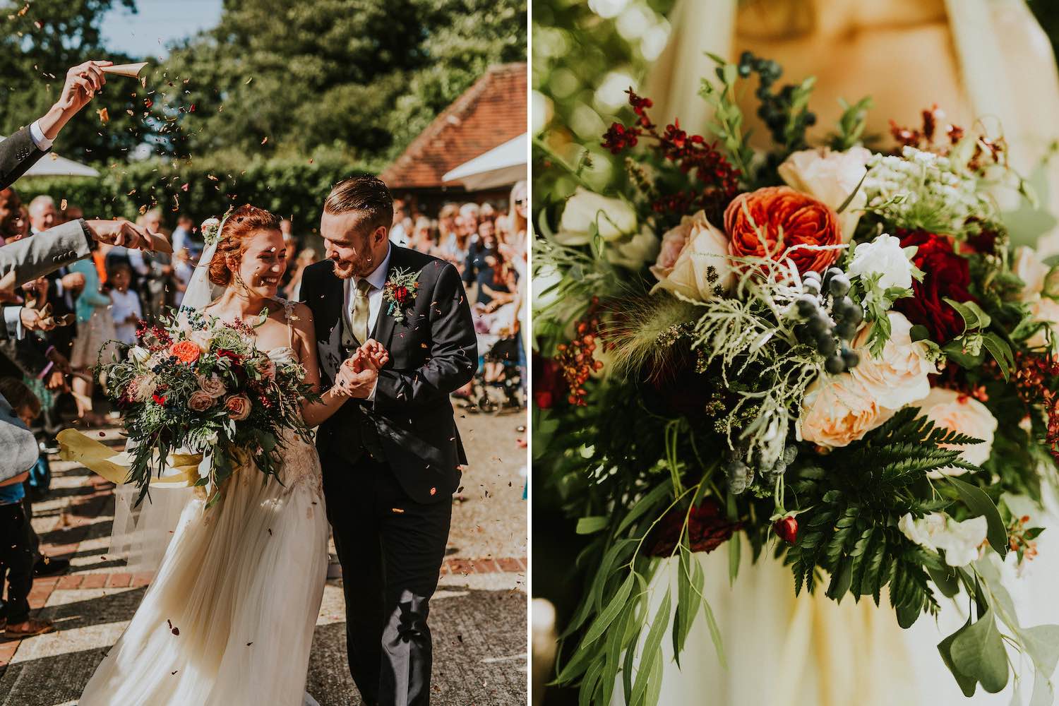 Woodland bride and groom arrive at barn reception with bouquet