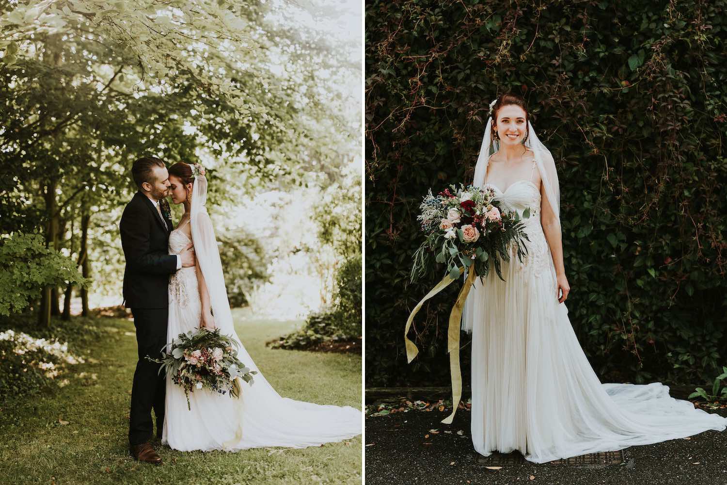 Woodland wedding couple under trees with flowers