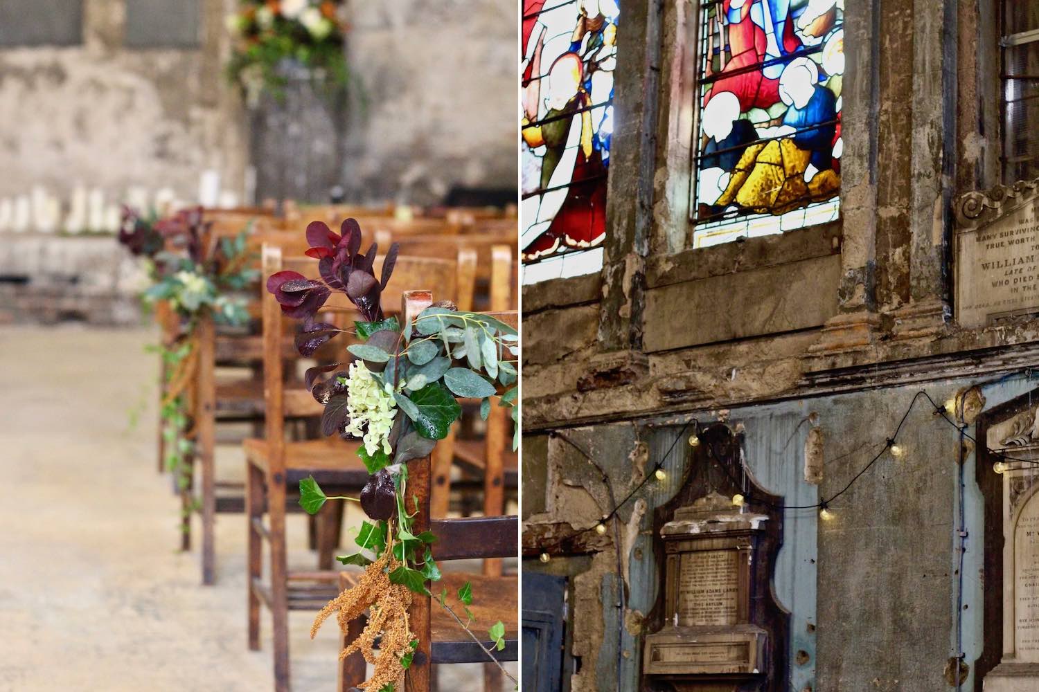 Wedding aisle chairs with flower decorations in Asylum chapel
