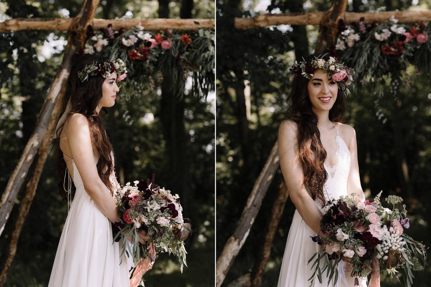 Woodland ceremony bride with bouquet and flower crown