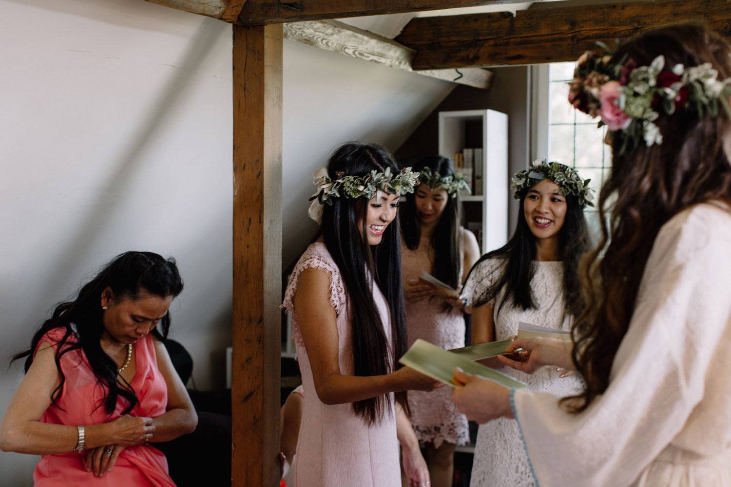 Bridesmaids with foliage crowns