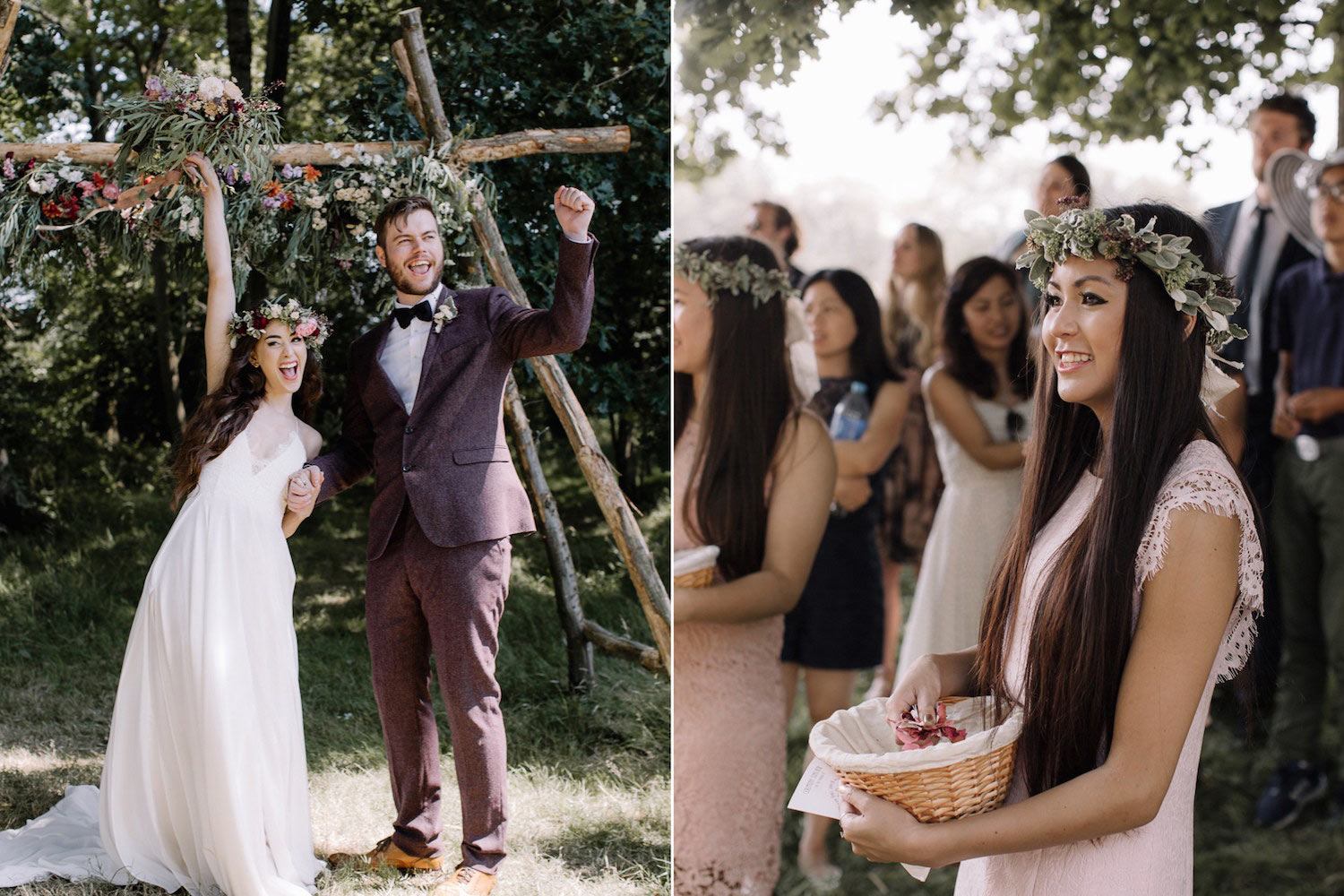 Couple after woodland ceremony with bridesmaids