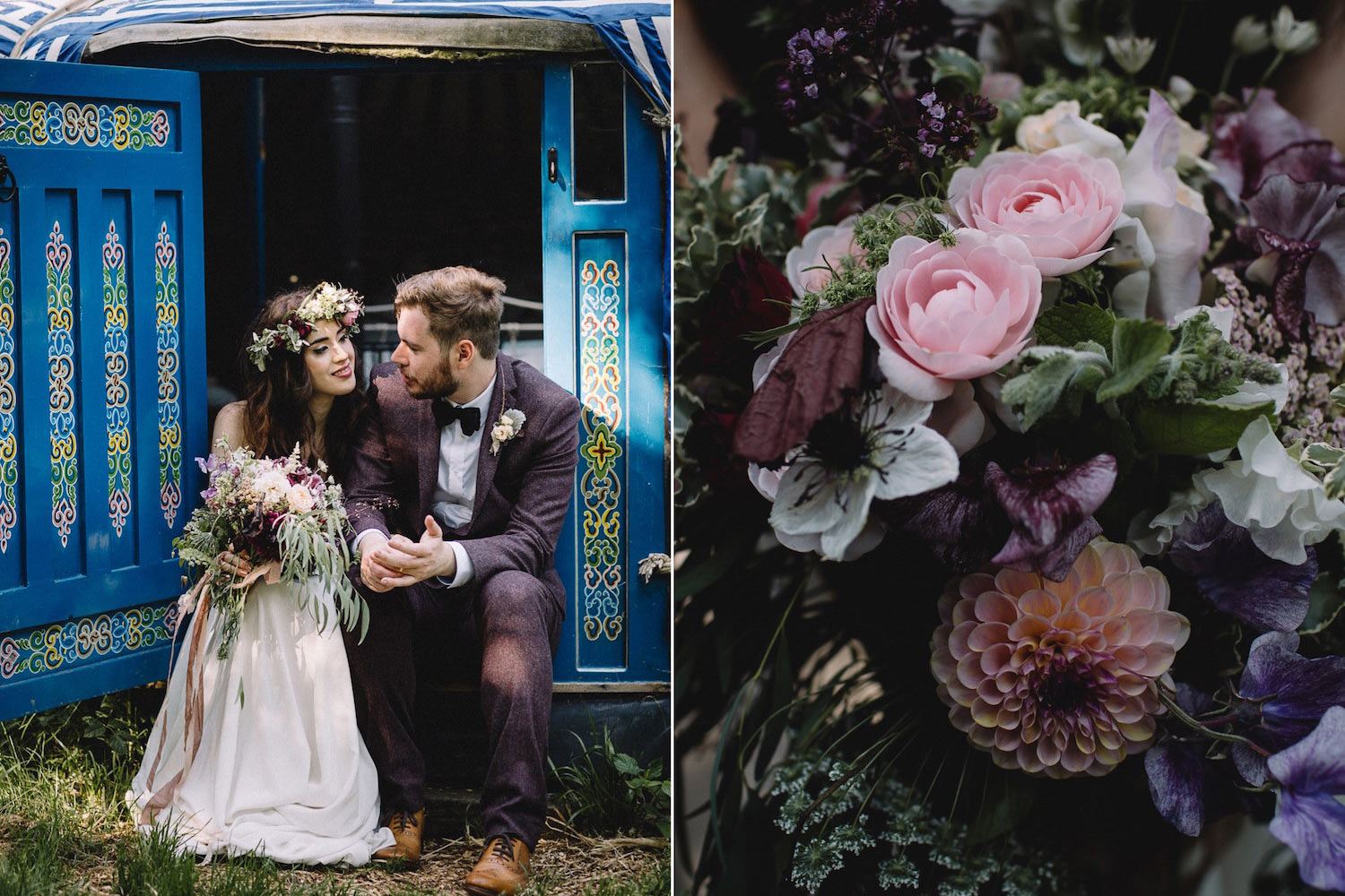 Bohemian wedding couple outside wedding yurt with flowers