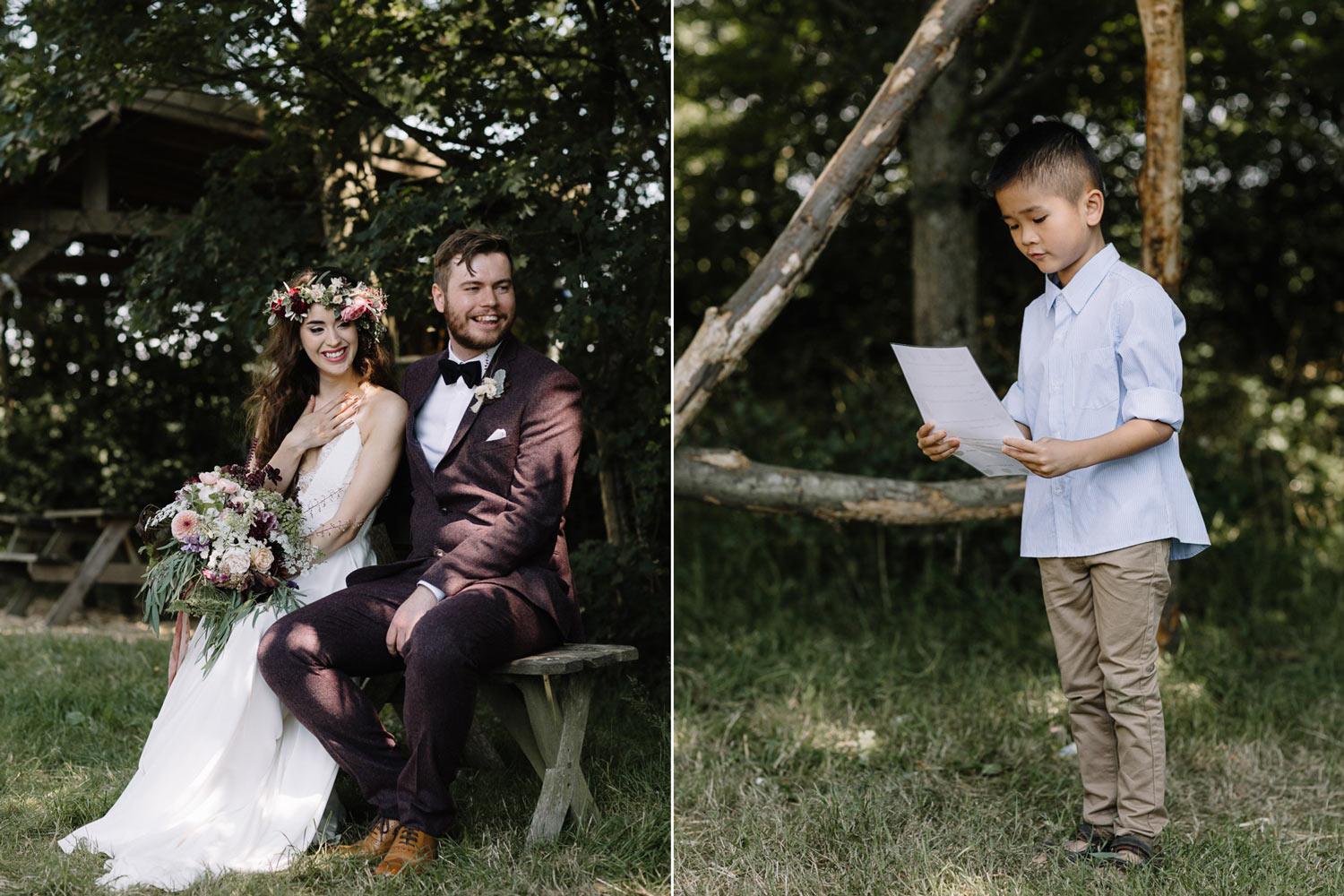 Bride and groom and pageboy in woodland wedding